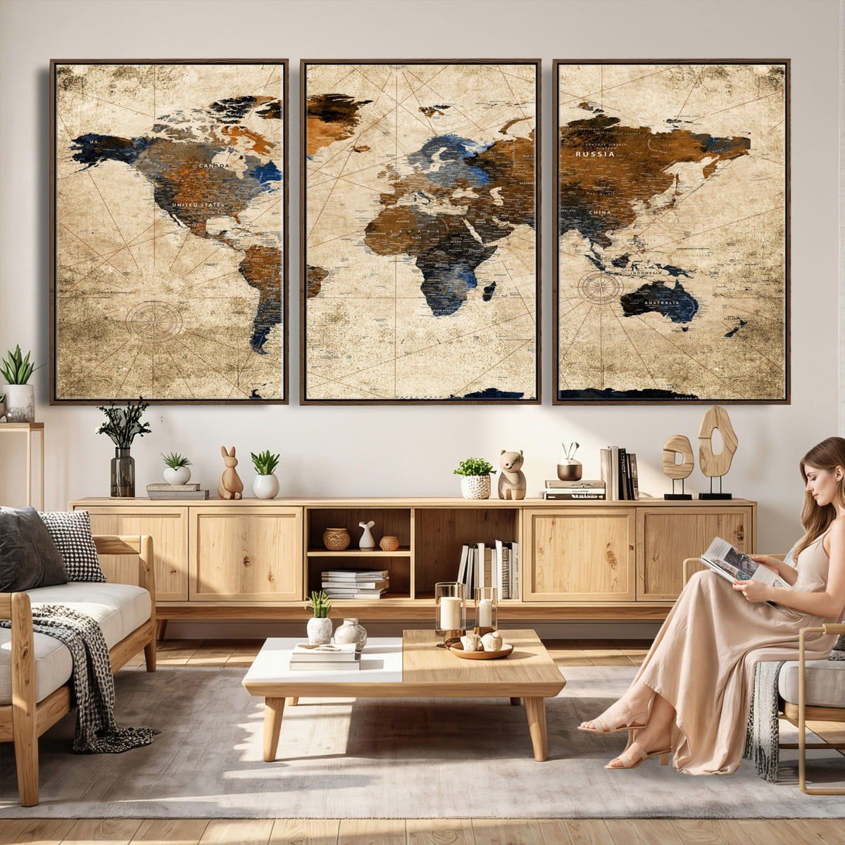 27163414-MGV-CV-36X24 - World Map Wall Art – Rustic Earth Tone Canvas Print, Antique