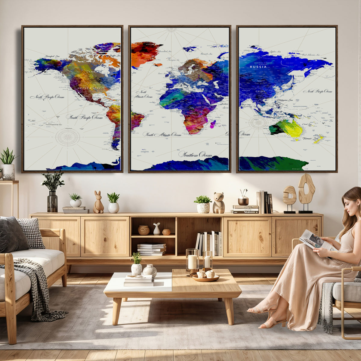 49670038-MGV-CV-36X24 - World Map Wall Art Canvas Print, Modern Decorative Framed Map Artwork Prints for Living Room, Office, Bedroom Wall Decor