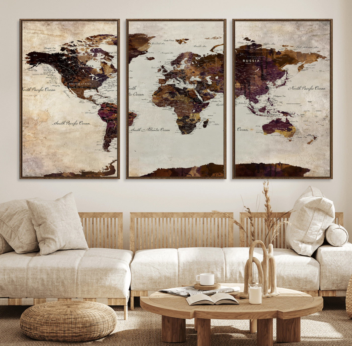 50611123-MGV-CV-36X24 - World Map Canvas Triptych – Colorful Global Wall Art for Living Rooms, Offices, and Study Spaces