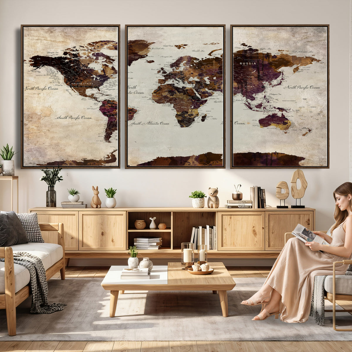 50611123-MGV-CV-36X24 - World Map Canvas Triptych | Colorful Global Wall Art for Living Rooms
