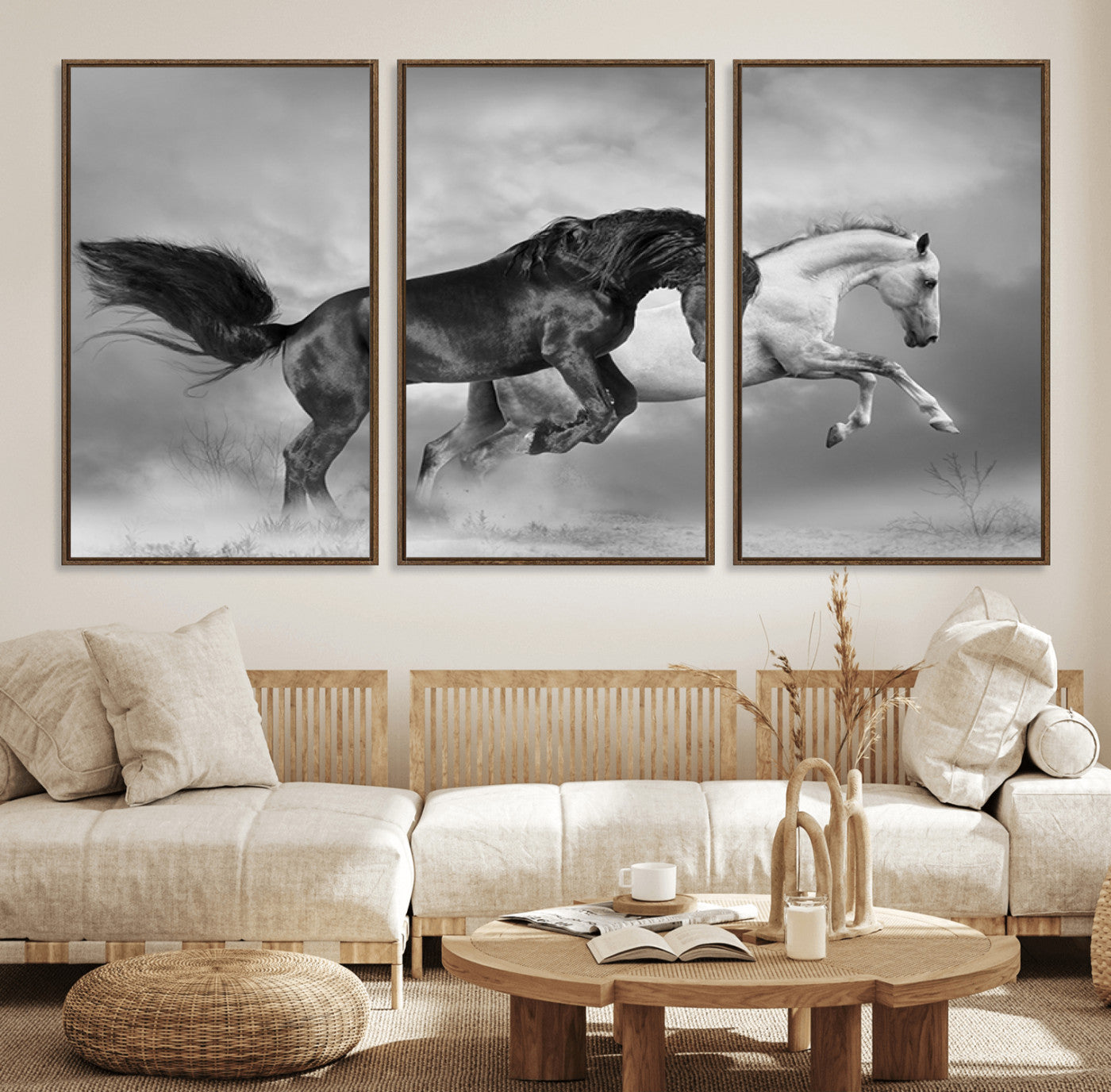 93546-MGV-FC-60X30-3P_Walnut-Wild Horses Wall Art Canvas Print – Framed Black and White Galloping Horses Dynamic Animal Artwork for Home, Office