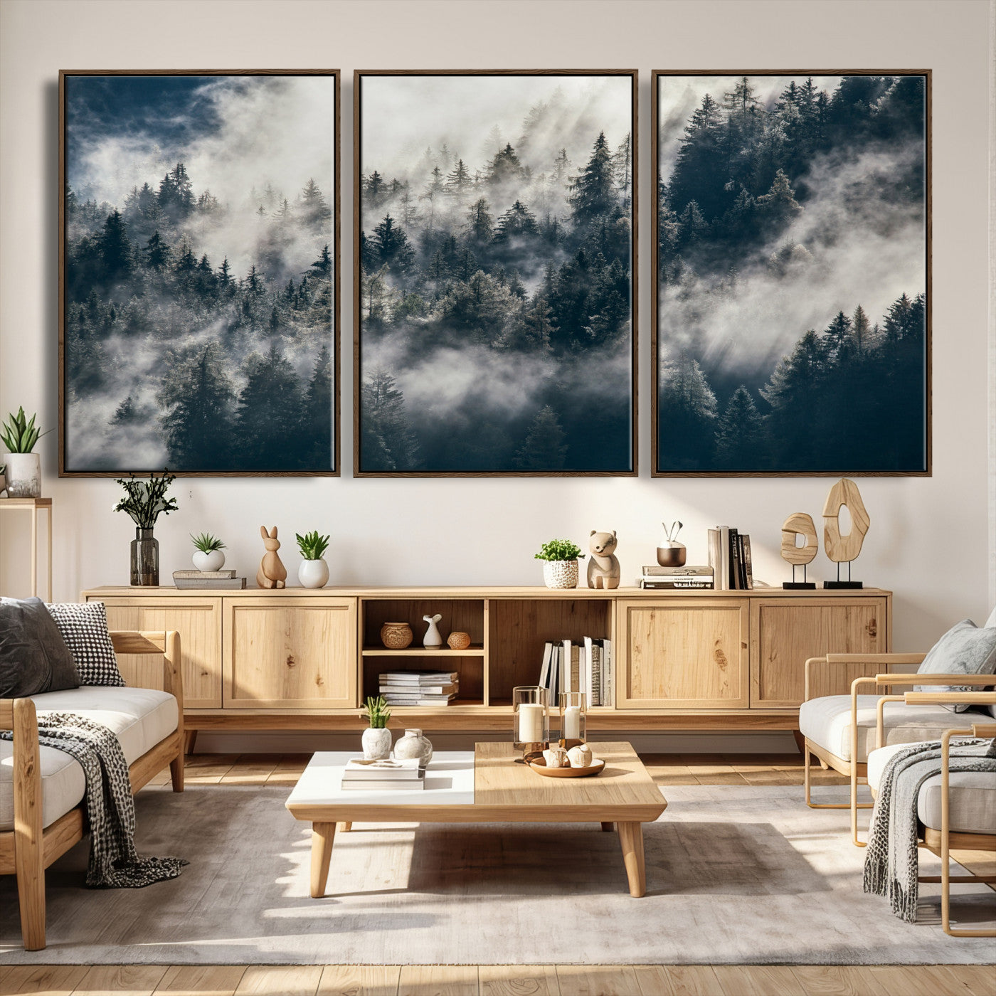 63405824-MGV-CV-36X24 - Foggy Mountain Forest Canvas Print, Misty Pine Trees Nature Wall Art, Framed Canvas Ready to Hang