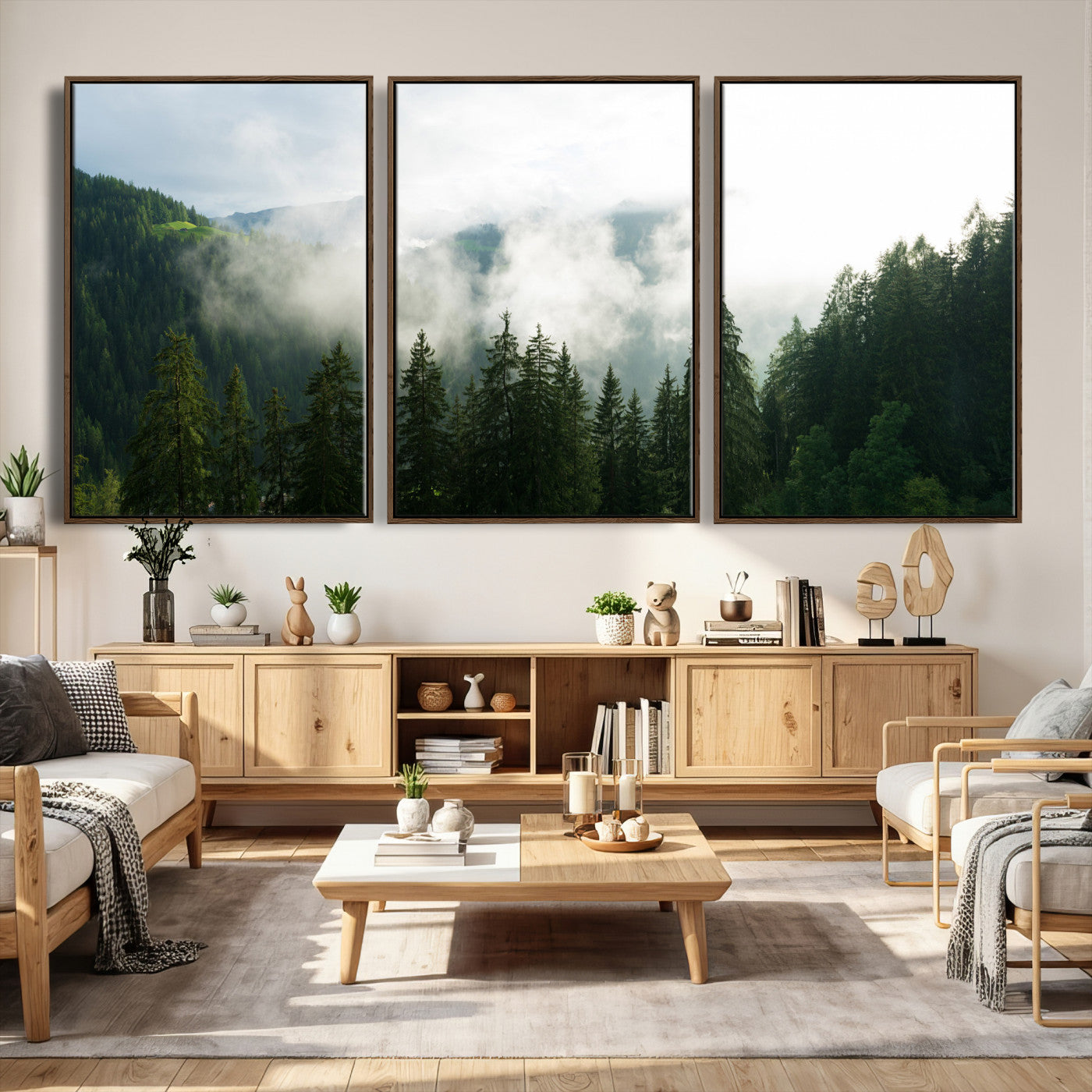 67174129-MGV-CV-36X24 - Misty Mountain Forest Canvas Print, Foggy Pine Trees Nature Wall Art, Framed Canvas Ready to Hang