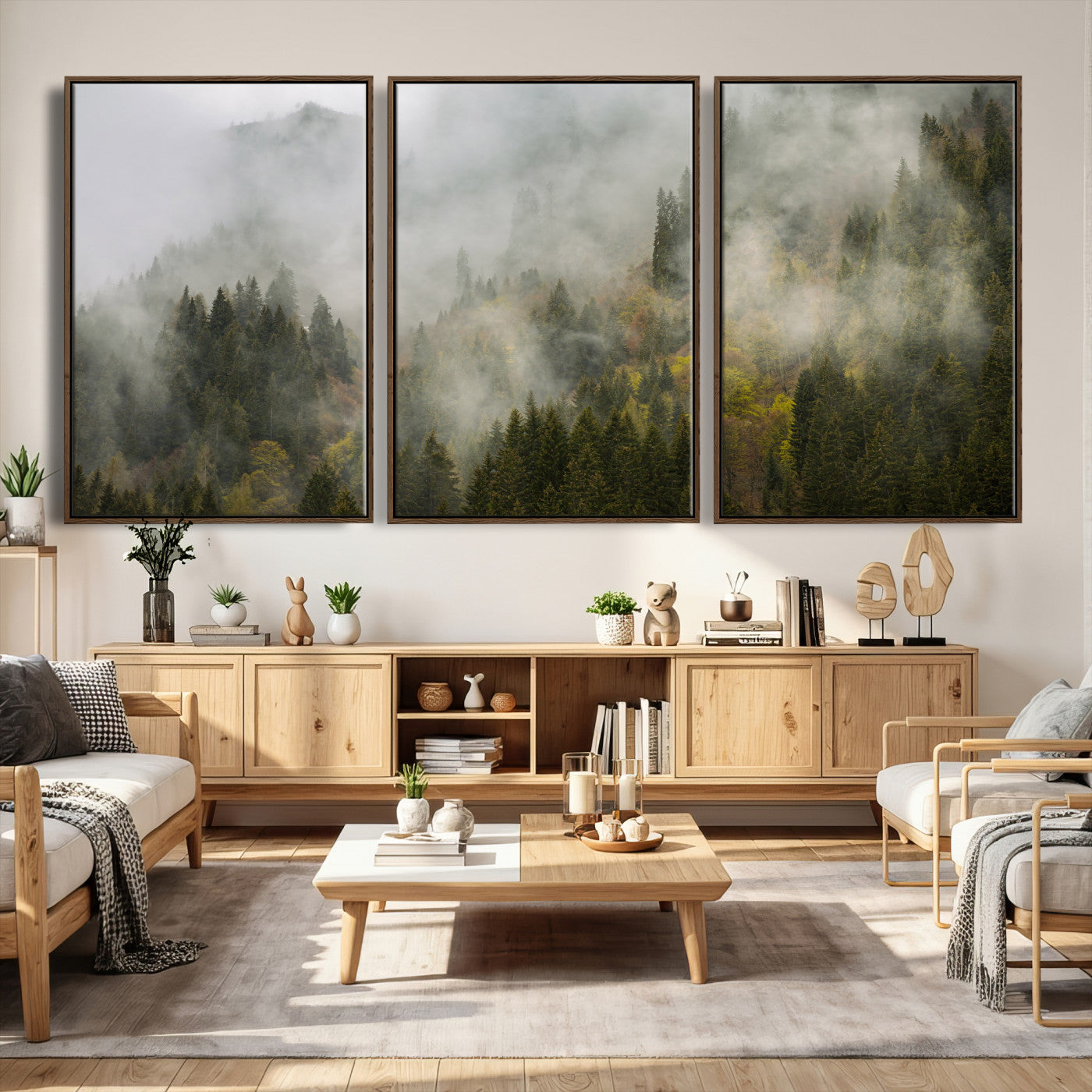 31152954-MGV-CV-36X24 - Misty Mountain Forest Canvas Print, Foggy Pine Trees Nature Wall Art, Framed Canvas Ready to Hang