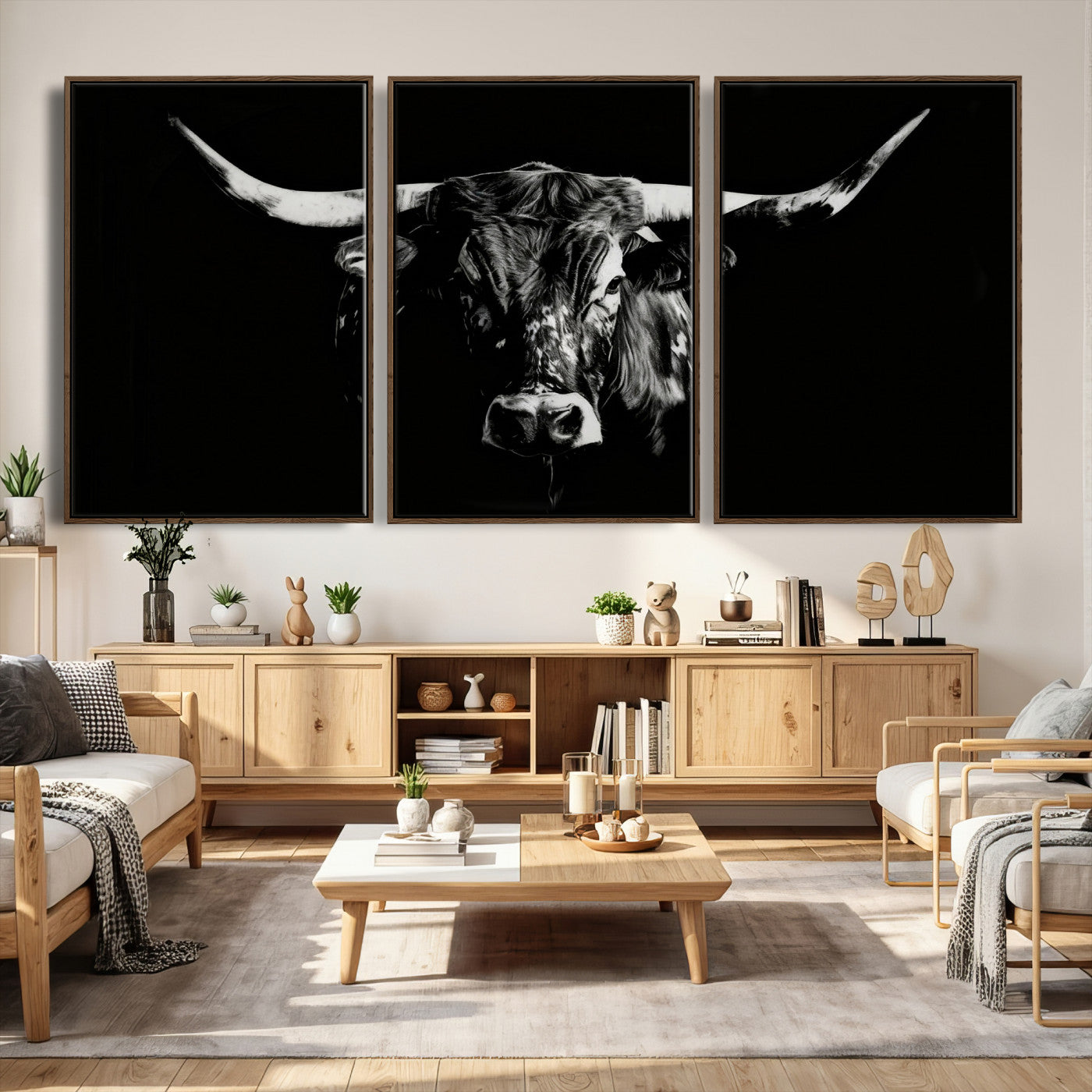 21436434-MGV-CV-36X24 - Black Bull Wall Art Canvas Print, Dark Longhorn Portrait Photography, Framed Wall Art Ready to Hang