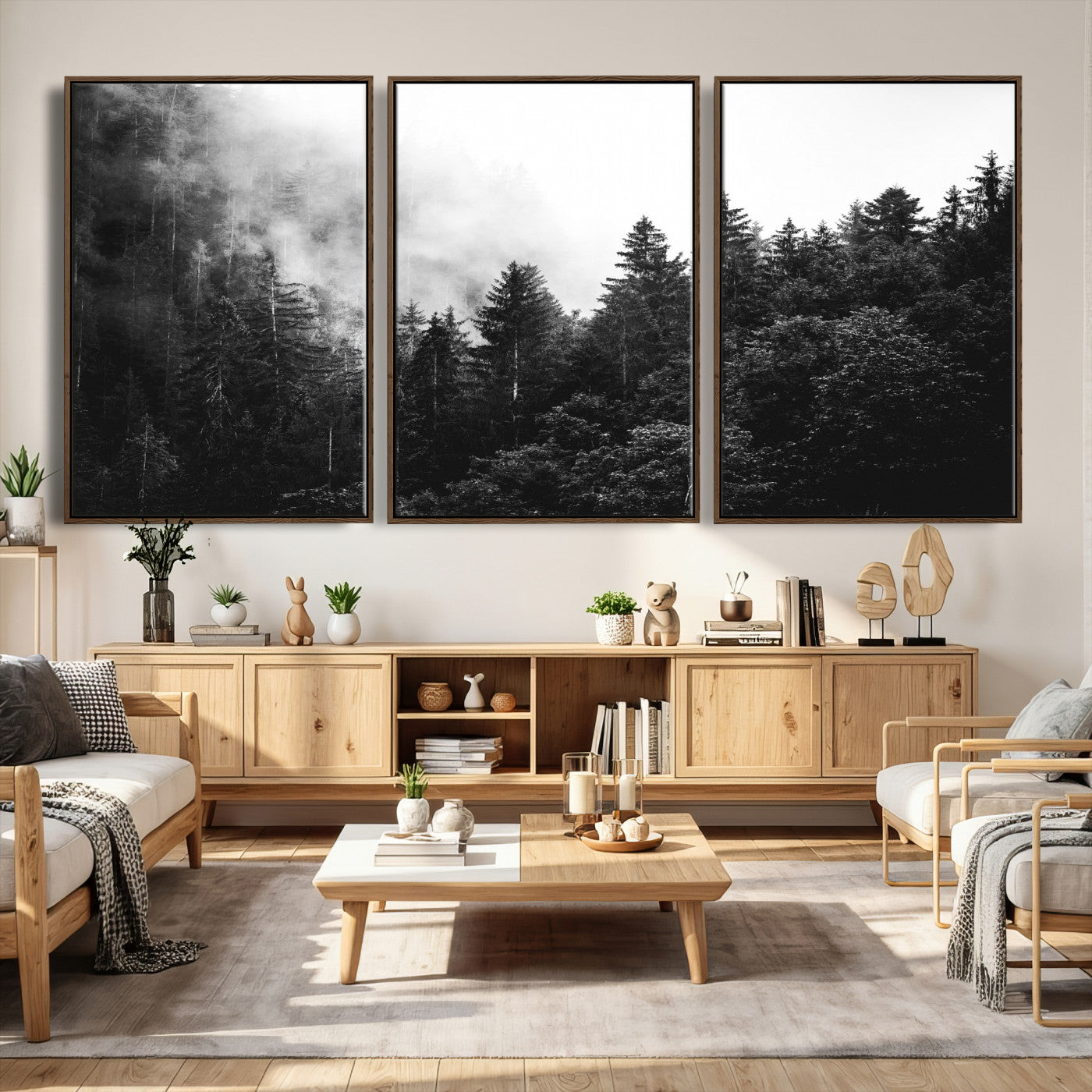 98764151-MGV-CV-36X24 - Black and White Forest Wall Art Canvas Print, Misty Pine Tree Landscape Photography, Framed Wall Art Ready to Hang