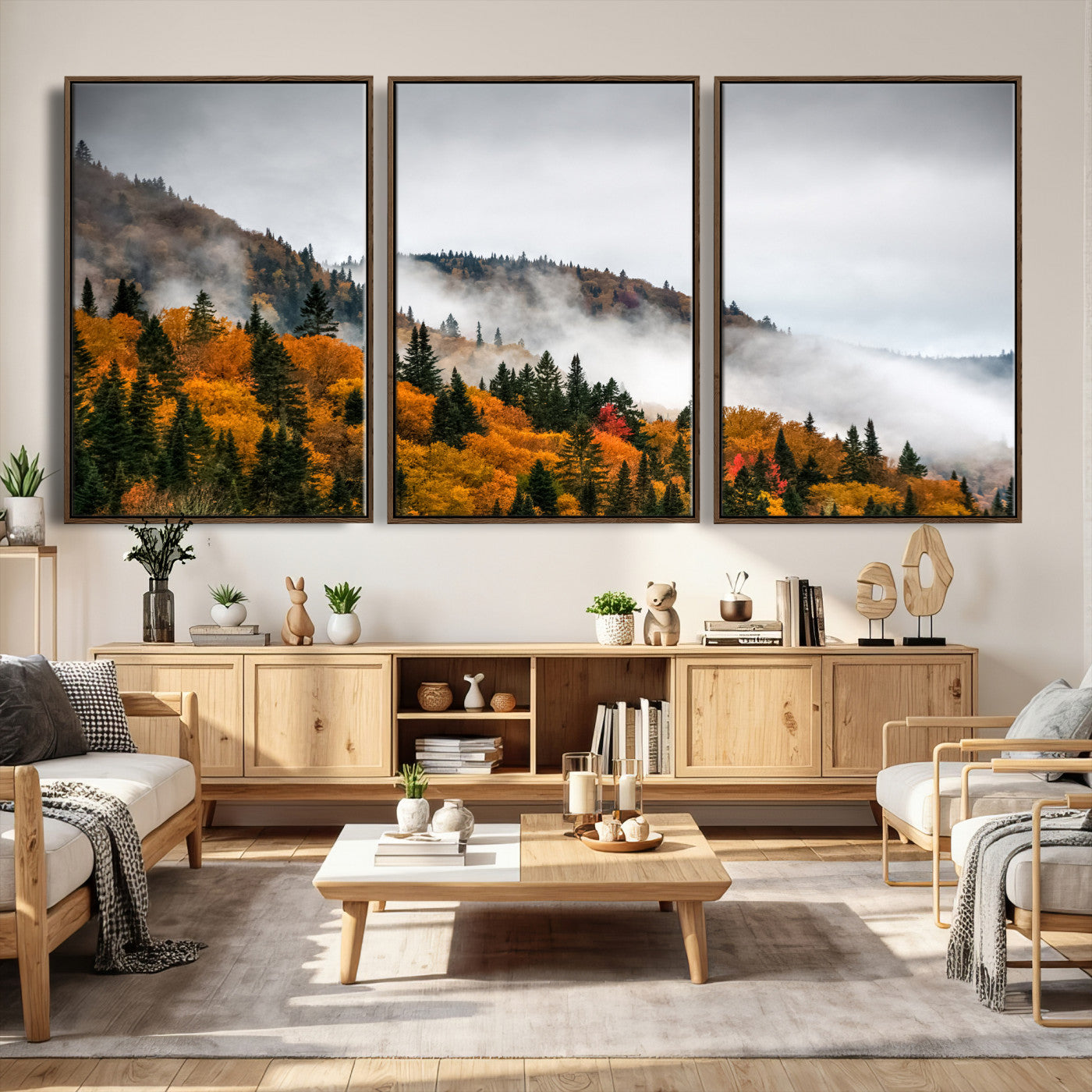 93581632-MGV-CV-36X24 - Autumn Forest Wall Art Canvas Print, Foggy Mountain Landscape Nature Photography, Framed Wall Art Ready to Hang
