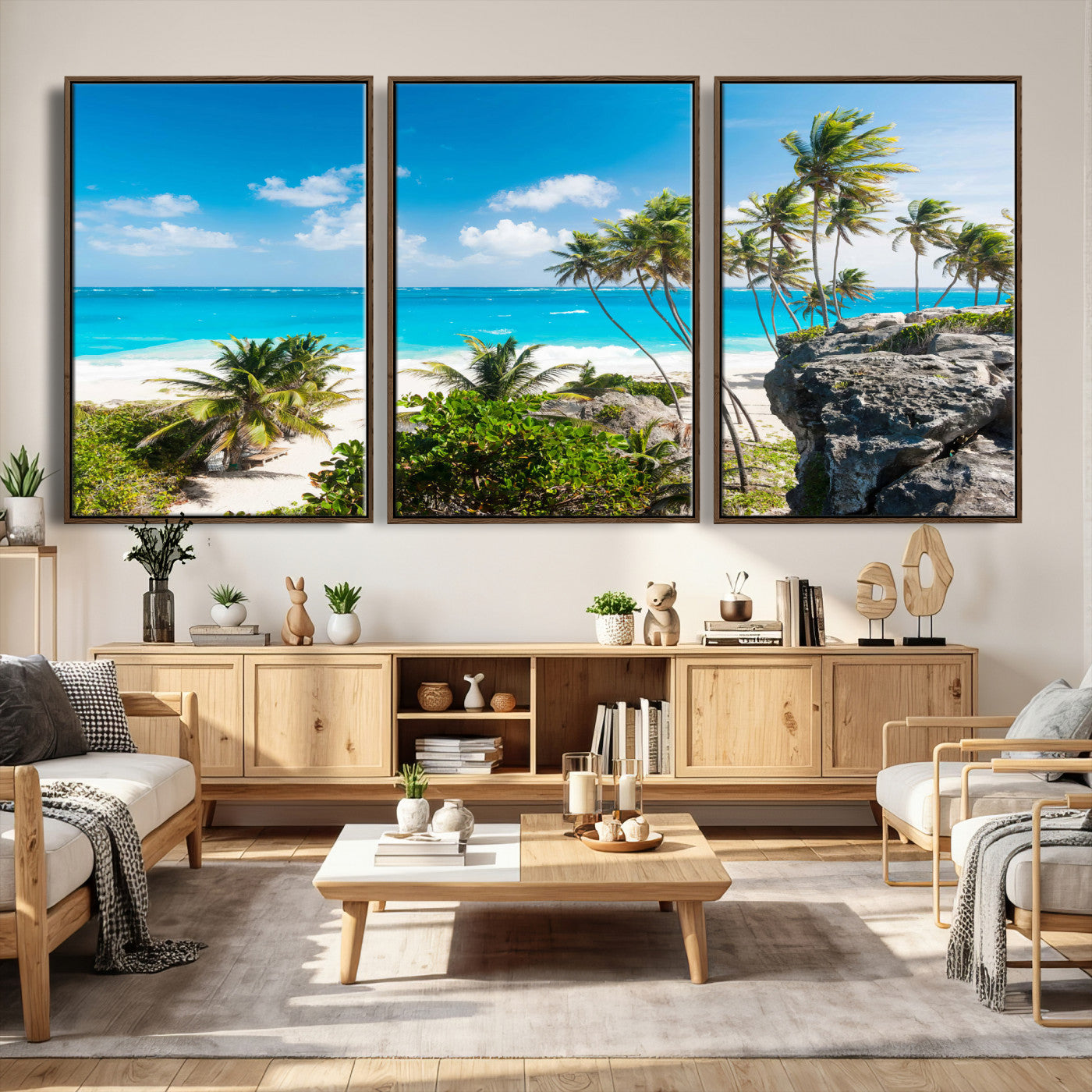 79995168-MGV-CV-36X24 - Barbados Beach Wall Art Canvas Print, Palm Tree Ocean Landscape, Turquoise Sea Coastal Photography, Tropical Island Wall Decor, Framed Ready to Hang