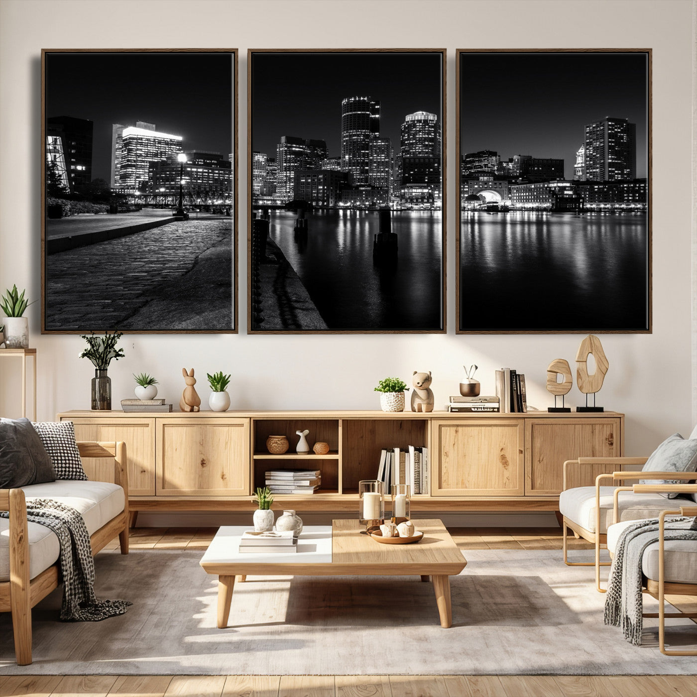53082656-MGV-CV-36X24 - Boston Wall Art Canvas Print, Boston City Downtown Night Cityscape Print for Modern Urban Wall Decor