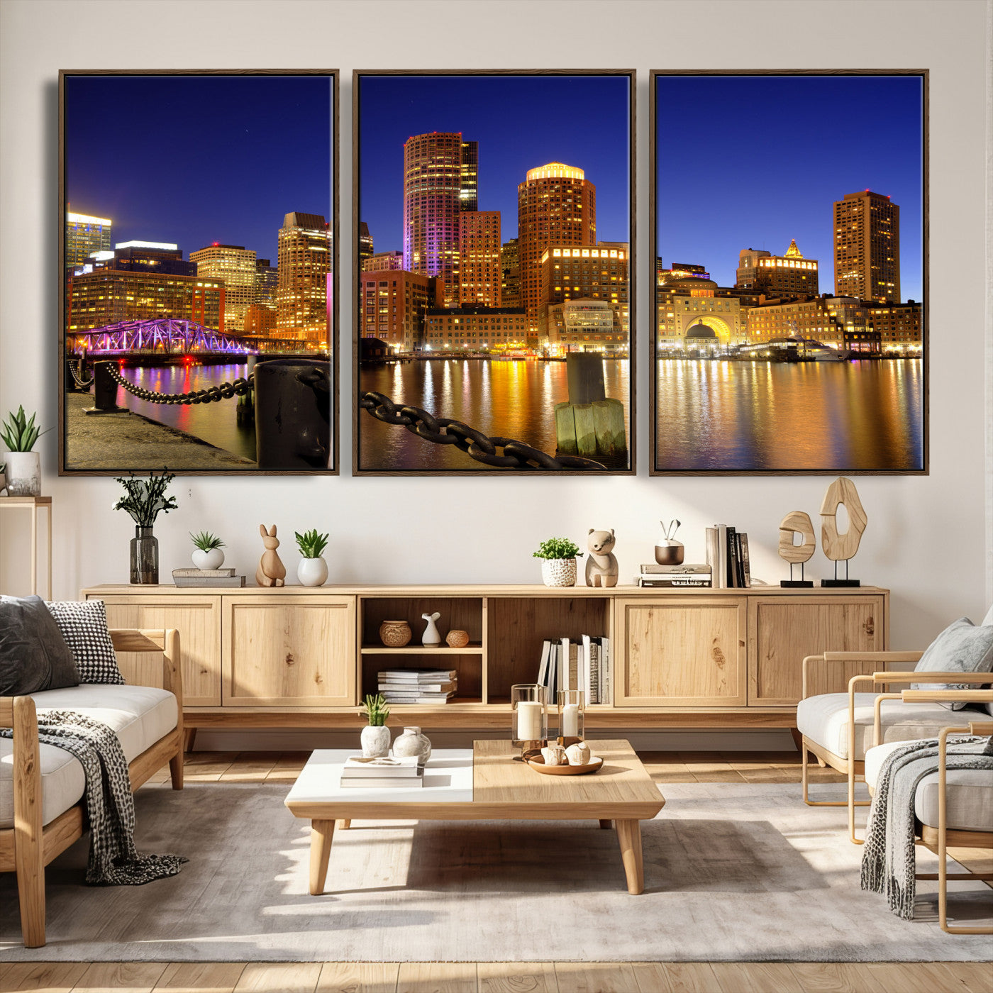 56611117-MGV-CV-36X24 - Boston Wall Art Canvas Print, Boston City Downtown Night Cityscape Print for Modern Urban Wall Decor