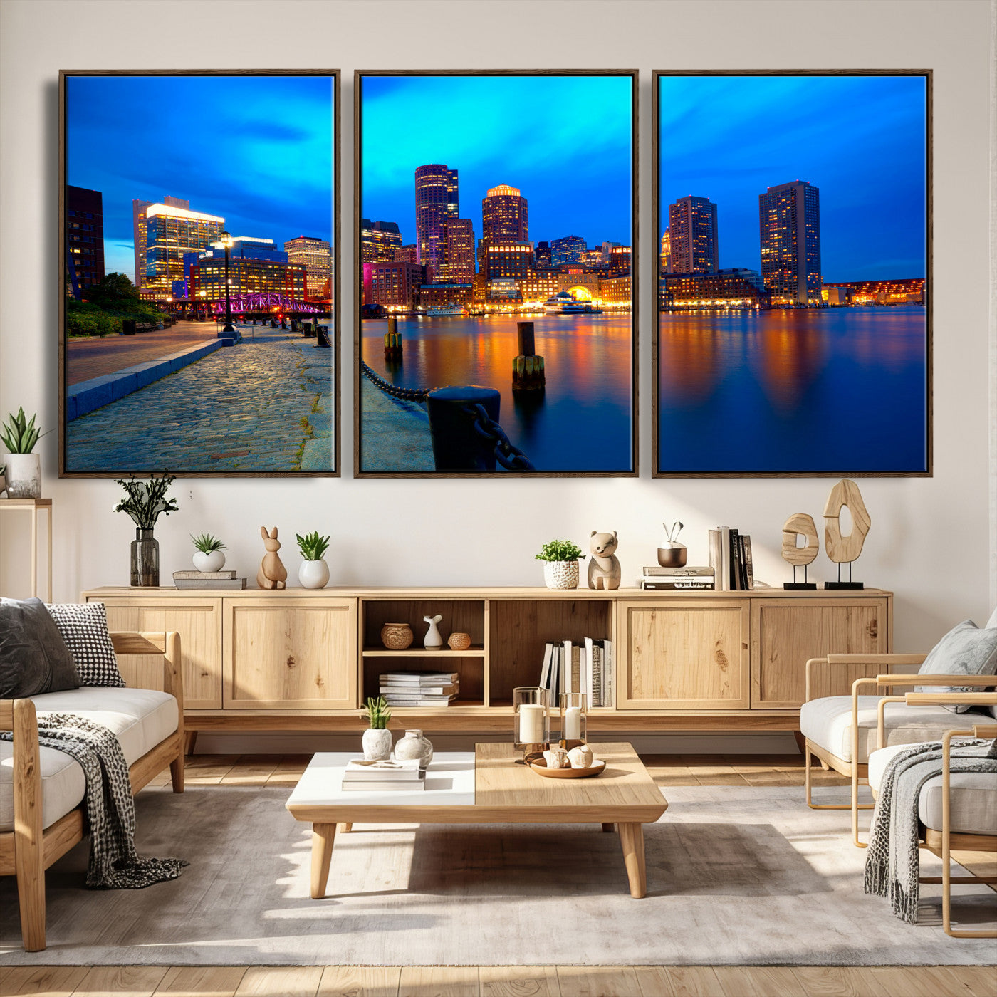69619565-MGV-CV-36X24 - Boston Wall Art Canvas Print, Boston City Downtown Night Cityscape Print for Modern Urban Wall Decor