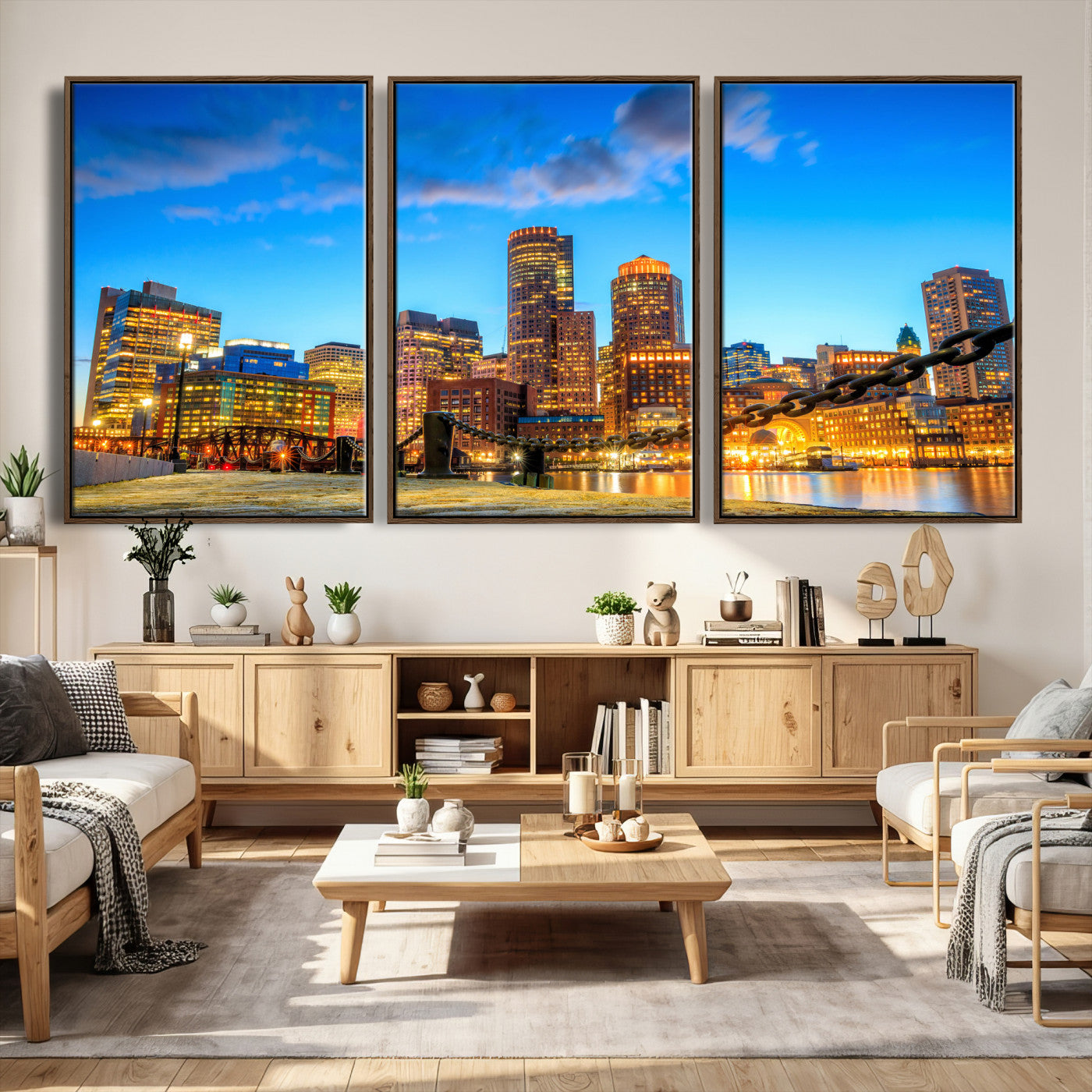 46736409-MGV-CV-36X24 - Boston Wall Art Canvas Print, Boston City Downtown Night Cityscape Print for Modern Urban Wall Decor
