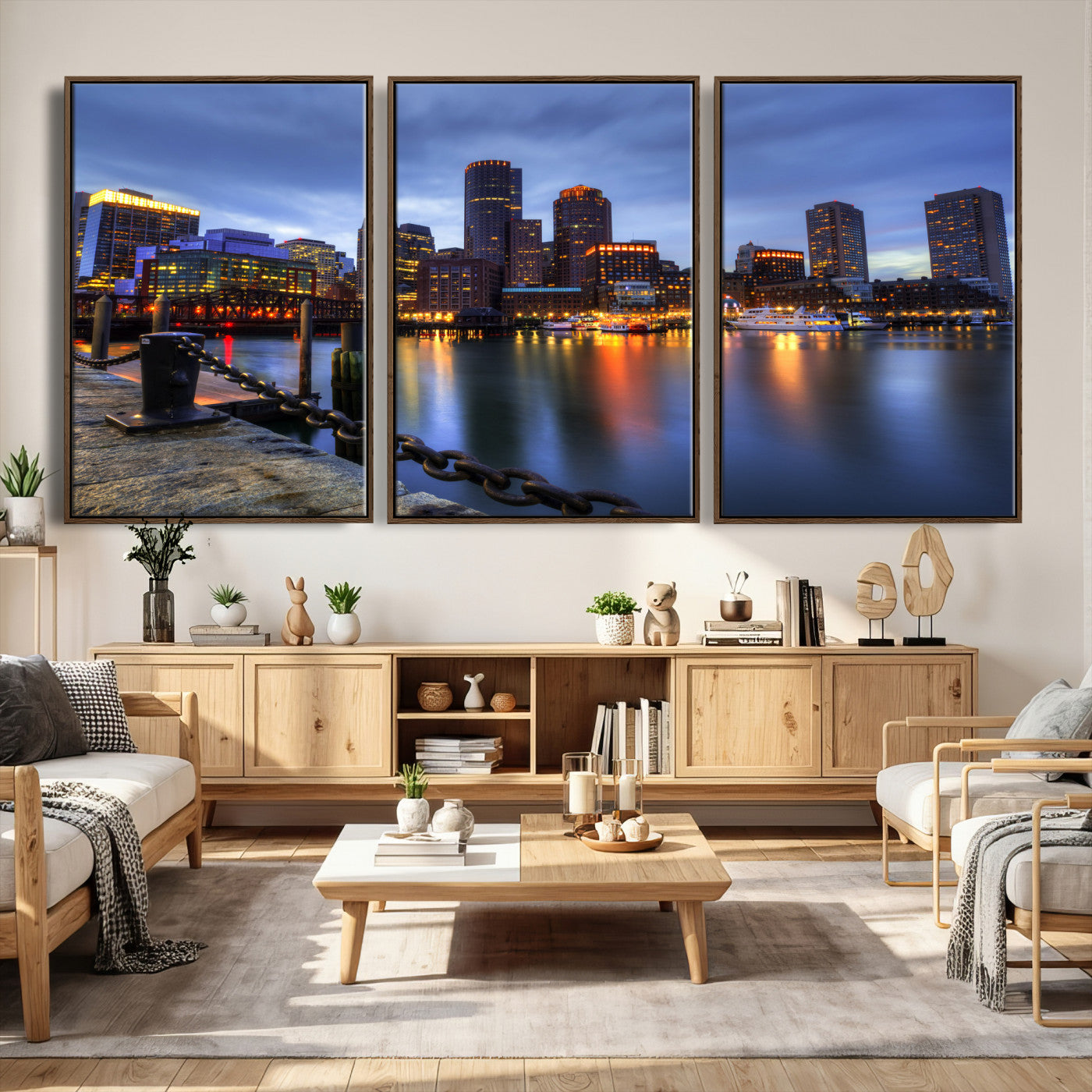 82439622-MGV-CV-36X24 - Boston Wall Art Canvas Print, Boston City Downtown Night Cityscape Print for Modern Urban Wall Decor