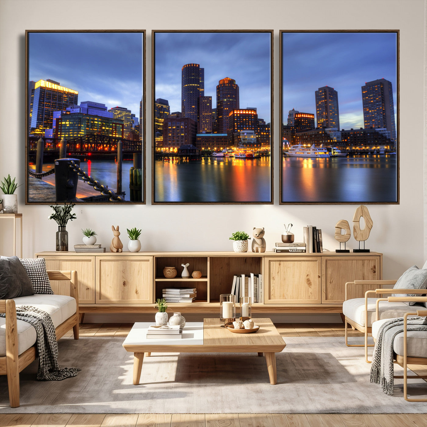 74951698-MGV-CV-60X30-3P - Boston Wall Art Canvas Print, Boston City Downtown Night Cityscape Print for Modern Urban Wall Decor
