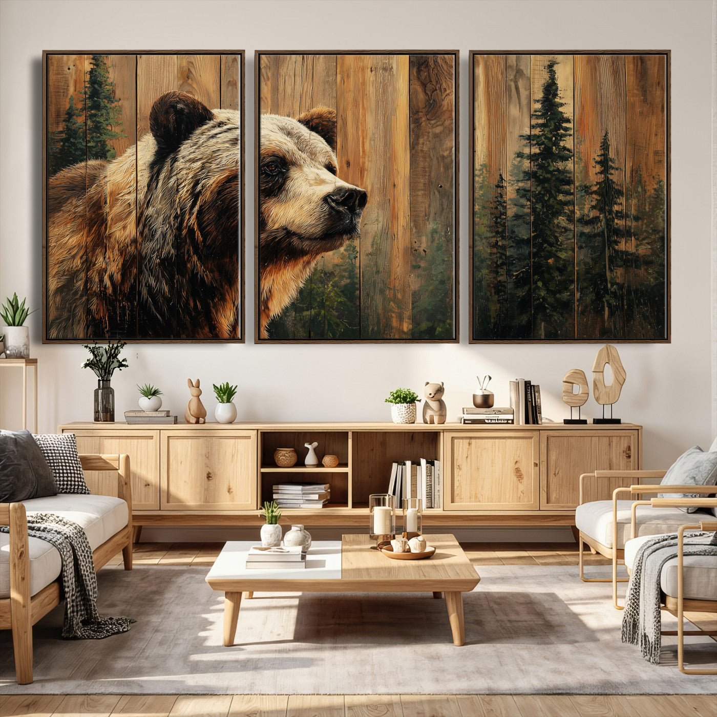 75645180-MGV-CV-36X24 - Grizzly Bear Wall Art Canvas Print, Rustic Wildlife Bear Artwork, Forest Animal Painting, Cabin Lodge Nature Wall Decor