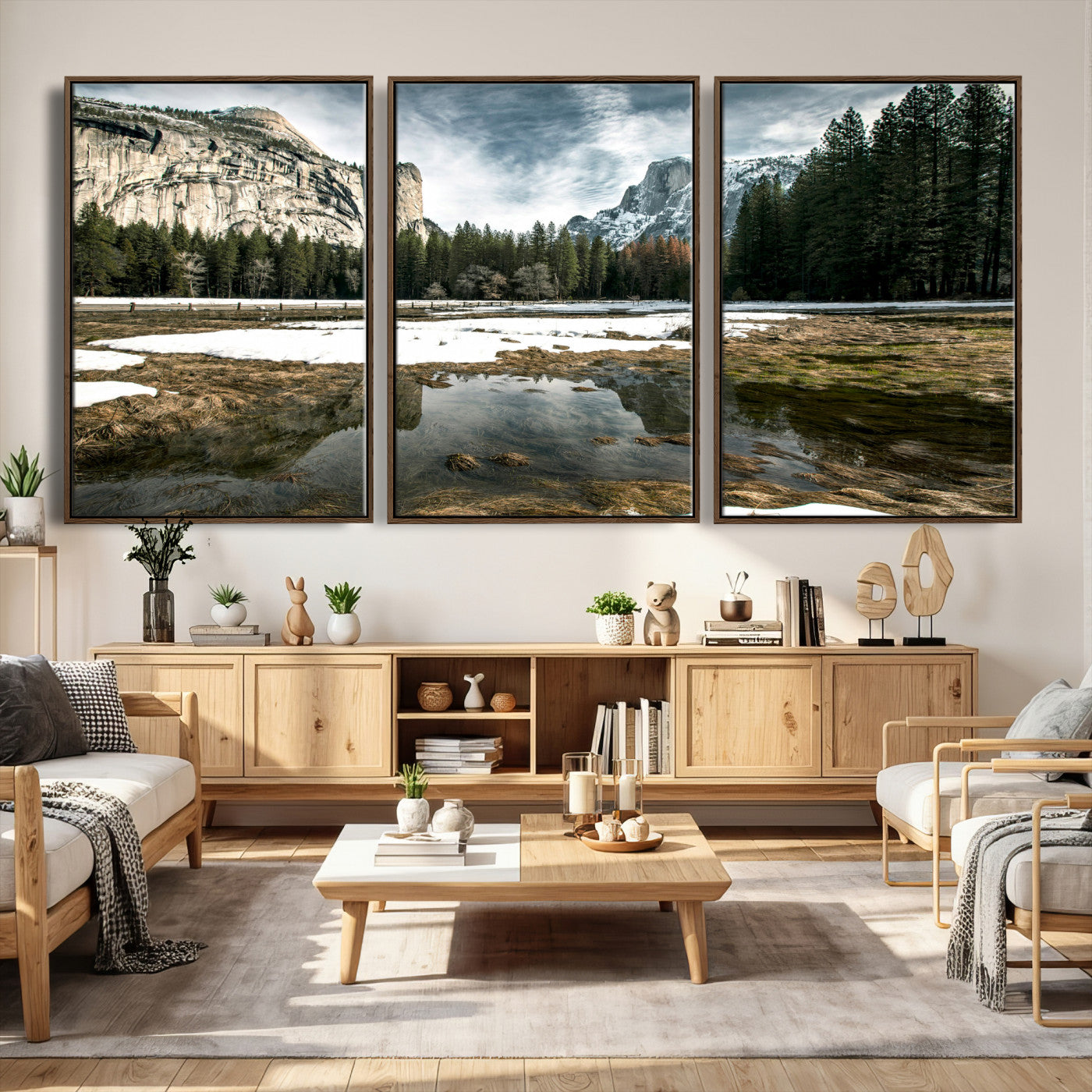 14527348-MGV-CV-36X24 - Yosemite Valley Mountain Landscape Wall Art Canvas Print, Granite Cliff Forest Valley Canvas Print, California National Park Scenic Art Printing