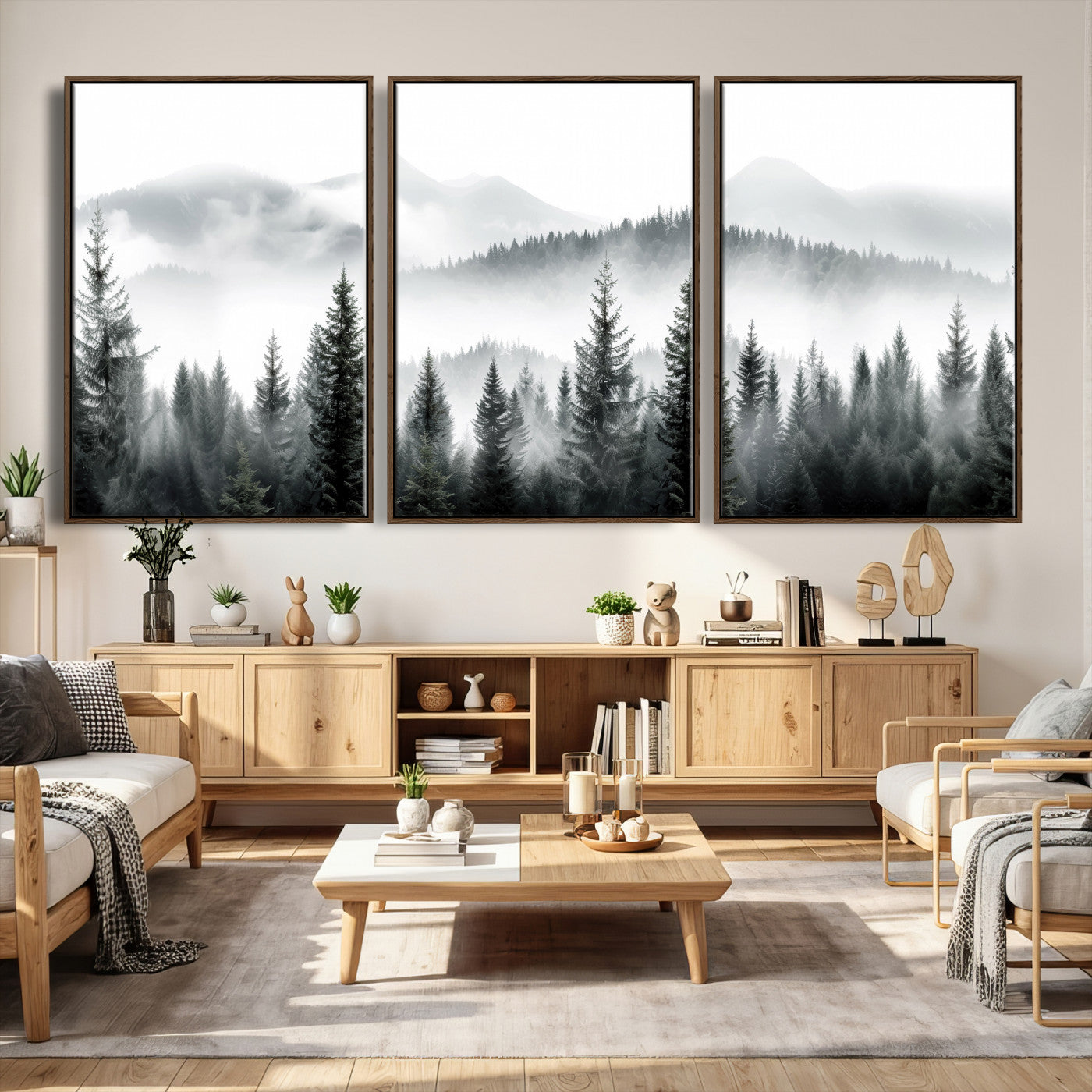 38819032-MGV-CV-36X24 - Misty Pine Forest Mountain Landscape Wall Art Canvas Print, Foggy Evergreen Trees Minimal Nature Canvas Print, Monochrome Wilderness Scenic Art Printing