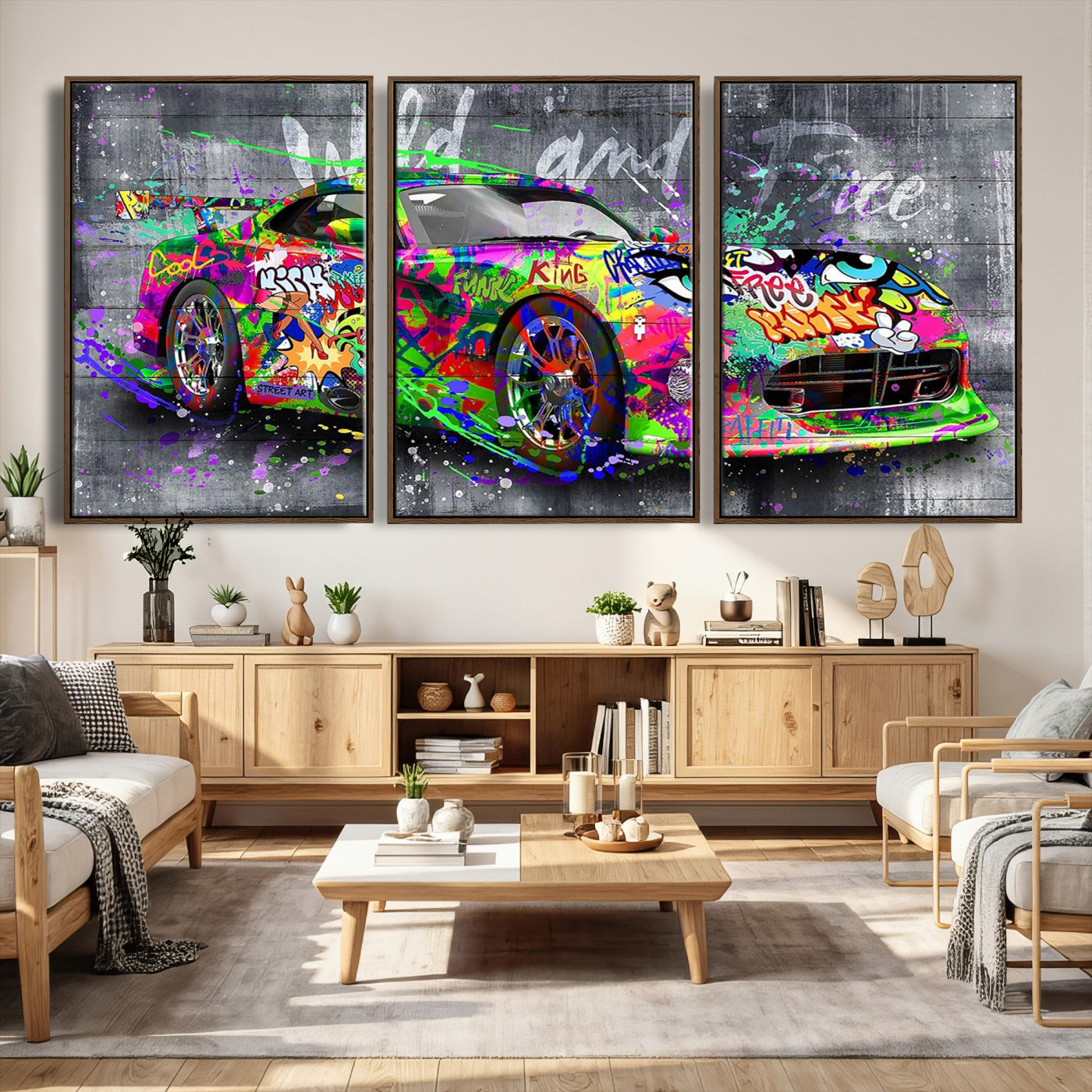 95314968-MGV-CV-36X24 - Graffiti Sports Car Street Art Wall Art Canvas Print, Colorful Urban Supercar Pop Art Canvas Print, Modern Graffiti Car Contemporary Art Printing