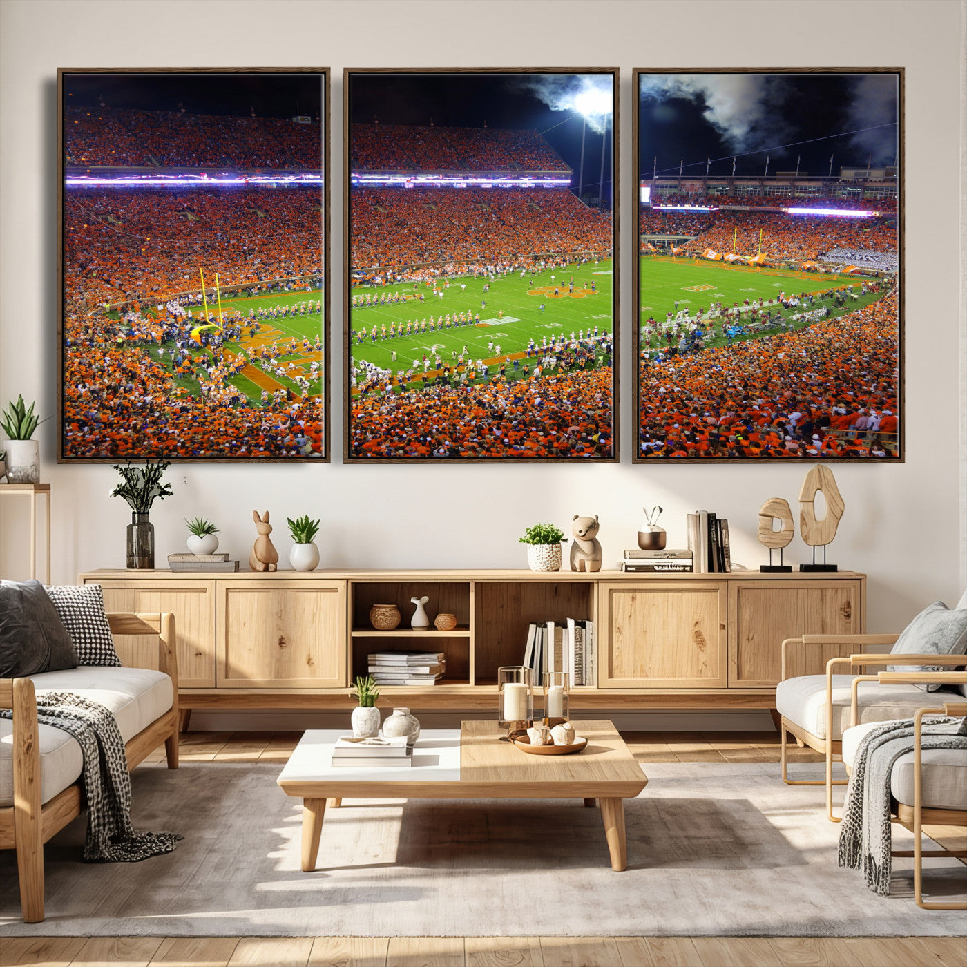43662631-MGV-CV-36X24 - Clemson Football Stadium Wall Art Canvas Print, College Football Crowd Night Game Scene, Orange Stadium Panorama Wall Decor