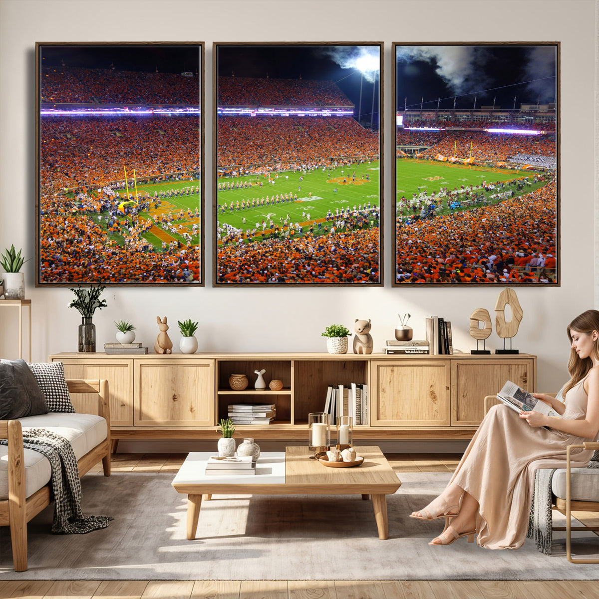 43662631-MGV-CV-36X24 - Clemson Football Stadium Wall Art Canvas Print, College Football Crowd Night Game Scene, Orange Stadium Panorama Wall Decor
