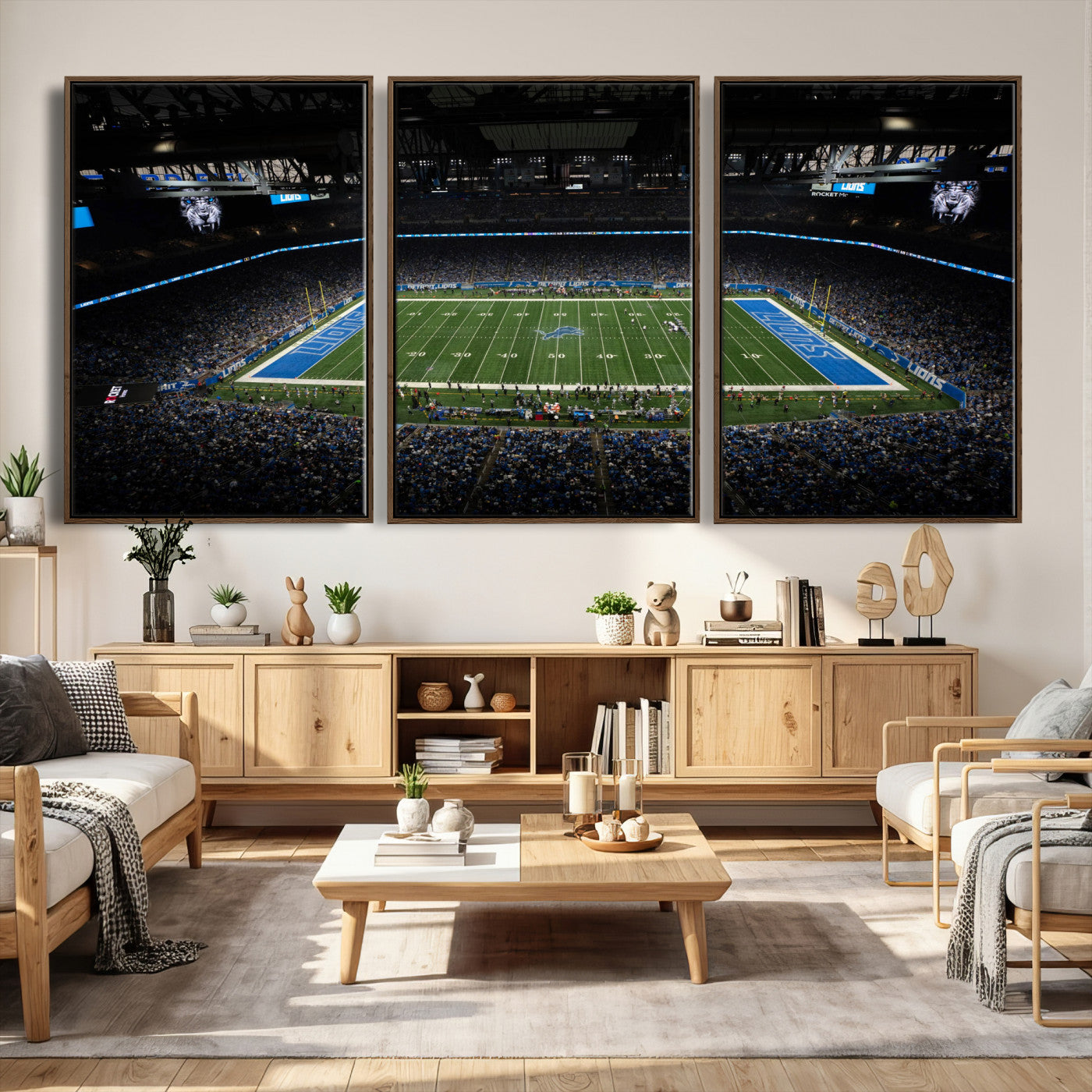 16709602-MGV-CV-36X24 - Detroit Lions Stadium Wall Art Canvas Print, Football Field Panorama Artwork, NFL Game Night Stadium Decor