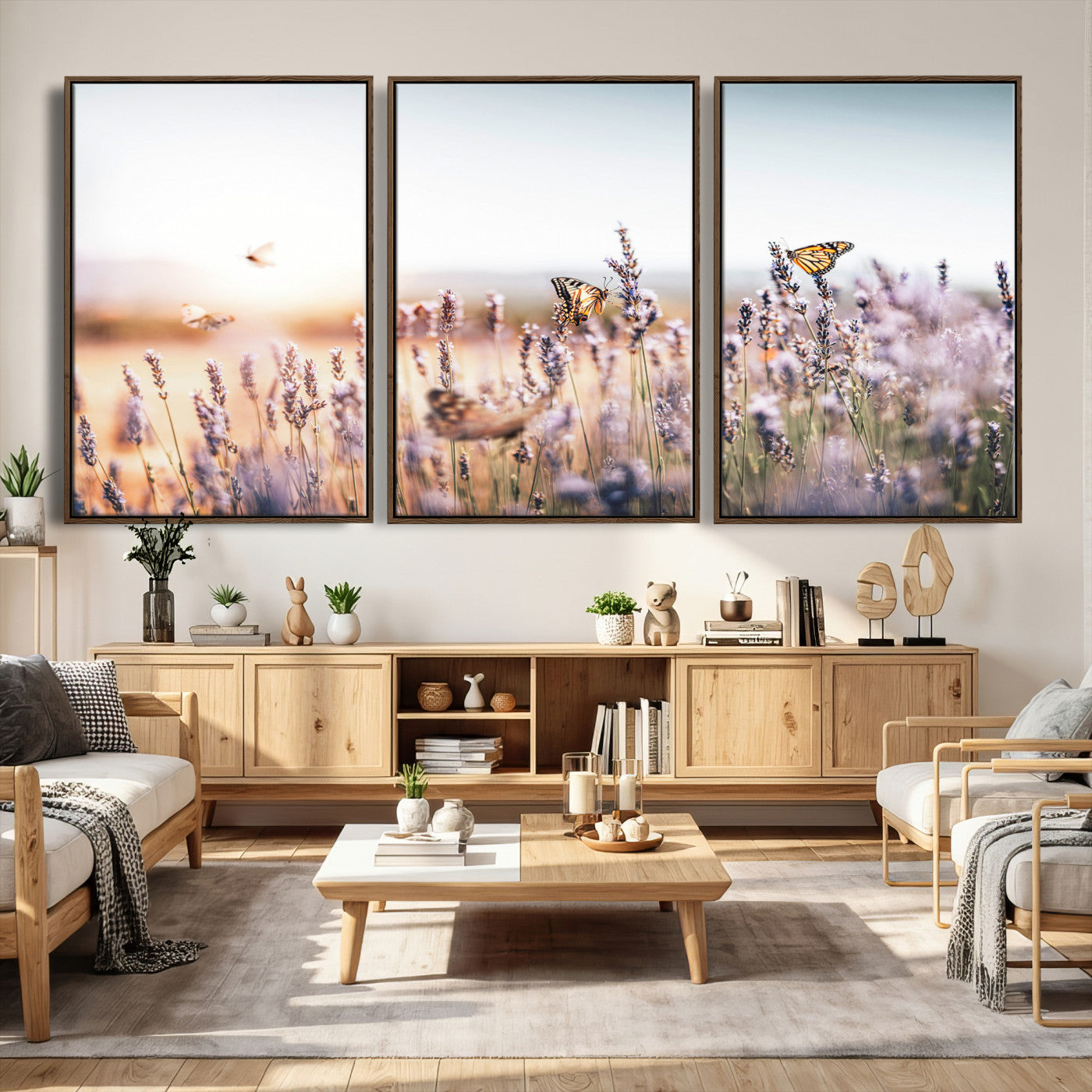46417478-MGV-CV-36X24 - Lavender Field Wall Art Canvas Print, Butterfly Floral Landscape Art, Soft Nature Wall Decor for Bedroom