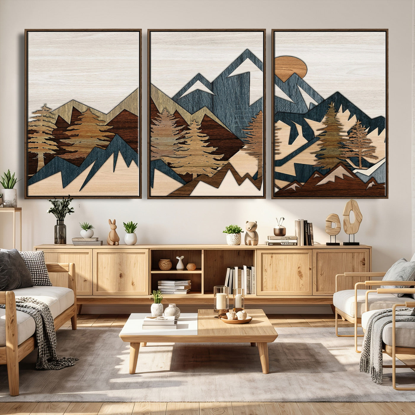 61833055-MGV-CV-36X24 - Mountain Forest Wall Art Canvas Print, Layered Wood Landscape Artwork, Rustic Nature Wall Decor for Living Room