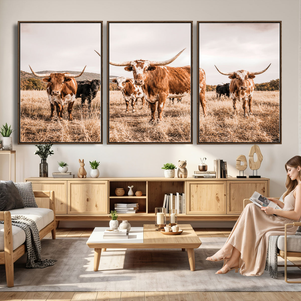 27539727-MGV-CV-36X24 - Texas Longhorn Cattle Wall Art Canvas Print, Sepia Western Decor