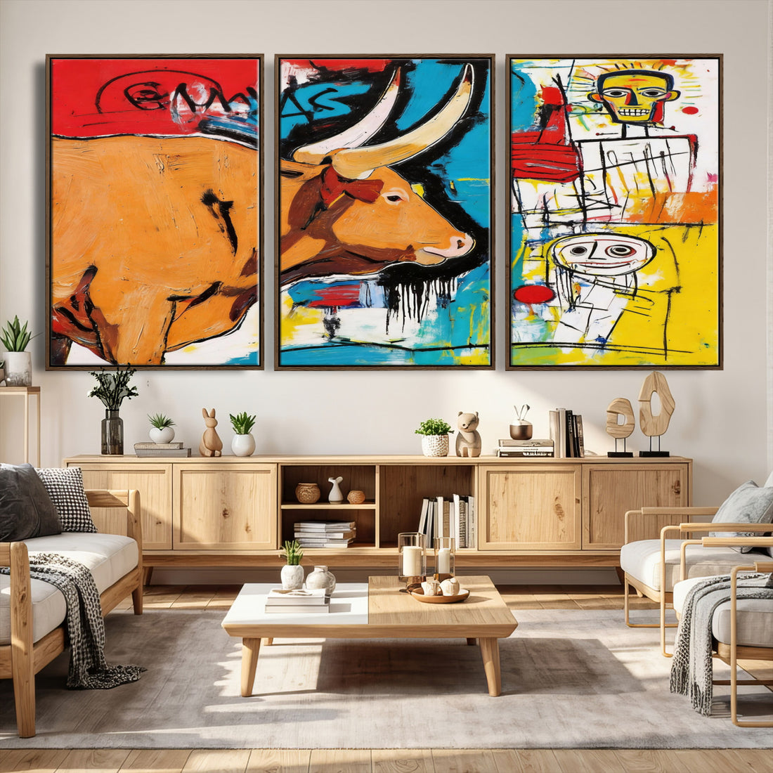 Basquiat Style Bull Graffiti Wall Art Canvas Print, Street Art
