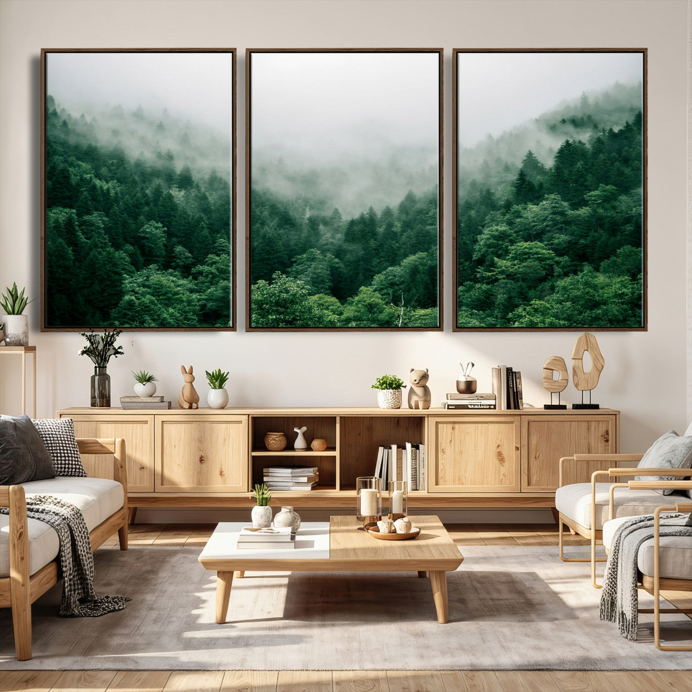 61640815-MGV-CV-36X24 - Misty Pine Forest Wall Art Canvas Print, Foggy Evergreen Landscape Wall Decor, Moody Green Nature Artwork, Minimal Forest Canvas Wall Art, Framed Canvas Wall Art Ready to Hang