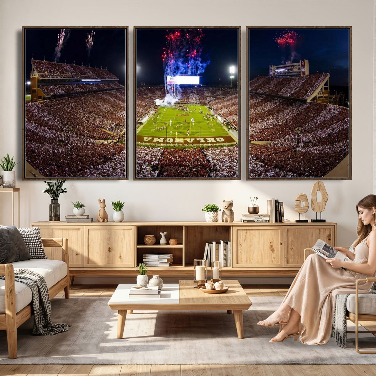 43197777-MGV-CV-36X24 - Oklahoma Memorial Stadium Wall Art Canvas Print – Oklahoma Sooners Football Artwork for Home, Office, and Sports Room Decor
