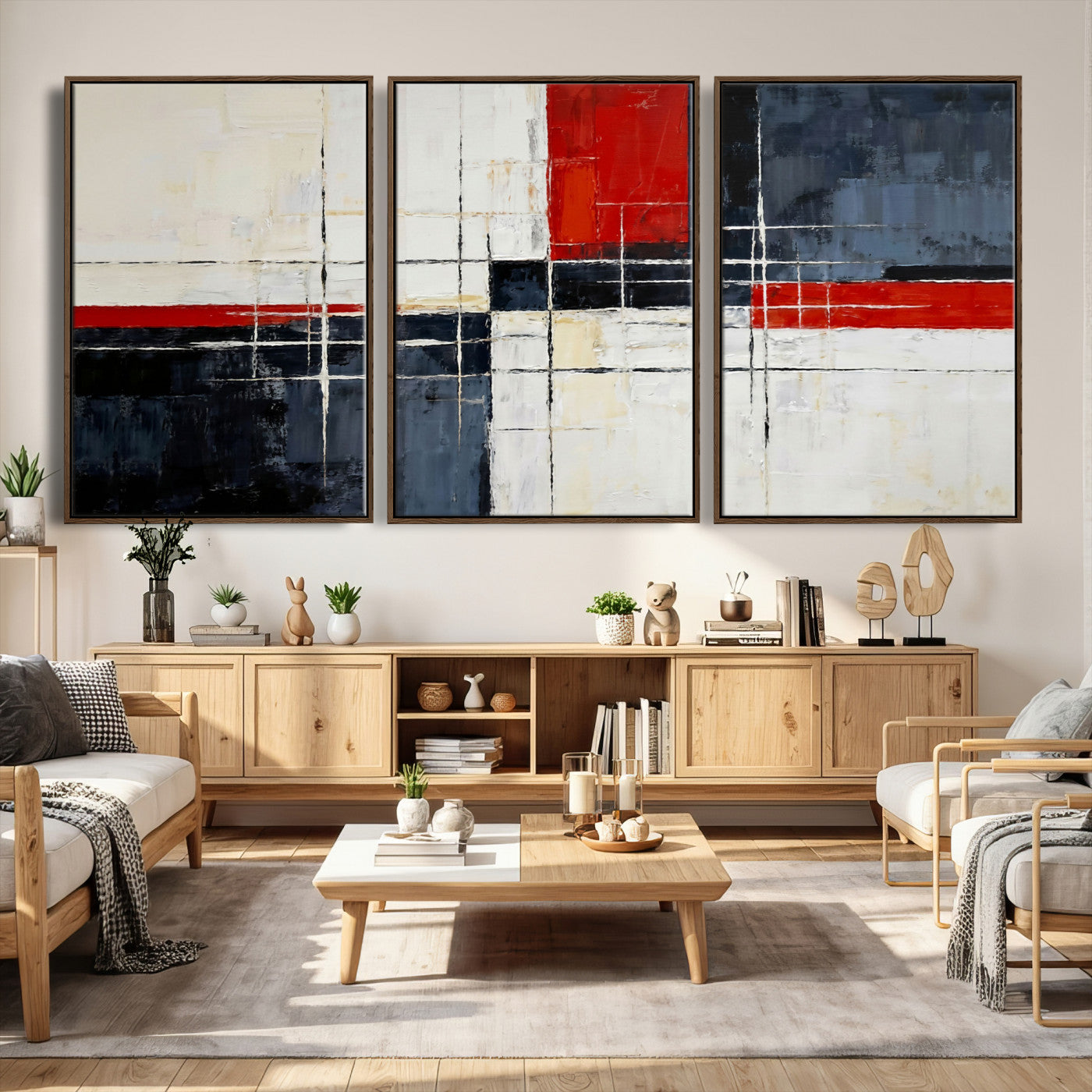 11921181-MGV-CV-36X24 - Navy Red Abstract Wall Art Canvas Print, Modern Luxury Geometric Painting Wall Decor for Living Room and Office