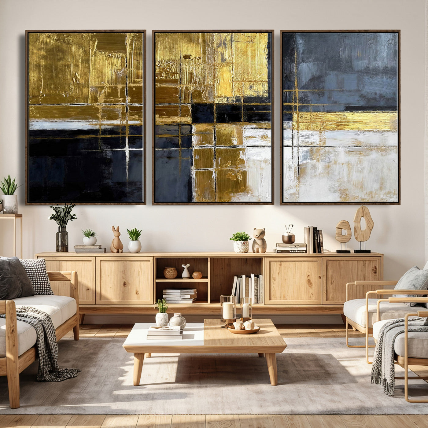 76917030-MGV-CV-36X24 - Gold Navy Abstract Wall Art Canvas Print, Modern Luxury Geometric Painting Wall Decor for Living Room and Office