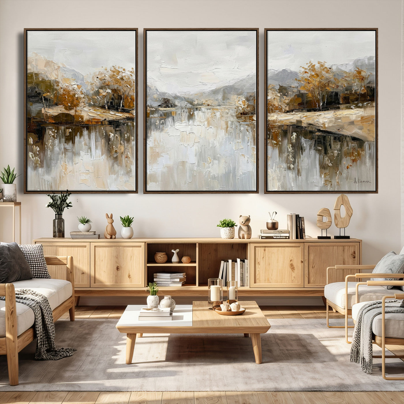 78227690-MGV-CV-36X24 - Neutral Abstract Lake Landscape Wall Art Canvas Print, Modern Minimal River Reflection Canvas Print, Beige Gray Contemporary Nature Art Printing
