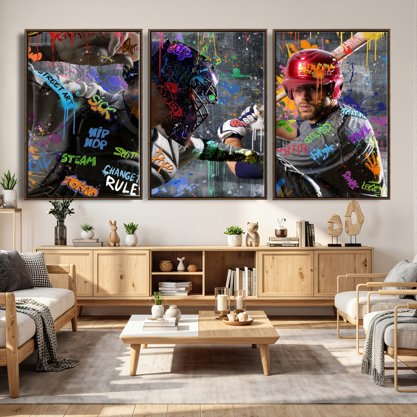 19634994-MGV-CV-36X24 - Graffiti Baseball Player Street Art Wall Art Canvas Print, Urban Sports Pop Art Baseball Canvas Print, Modern Athletic Graffiti Contemporary Art Printing