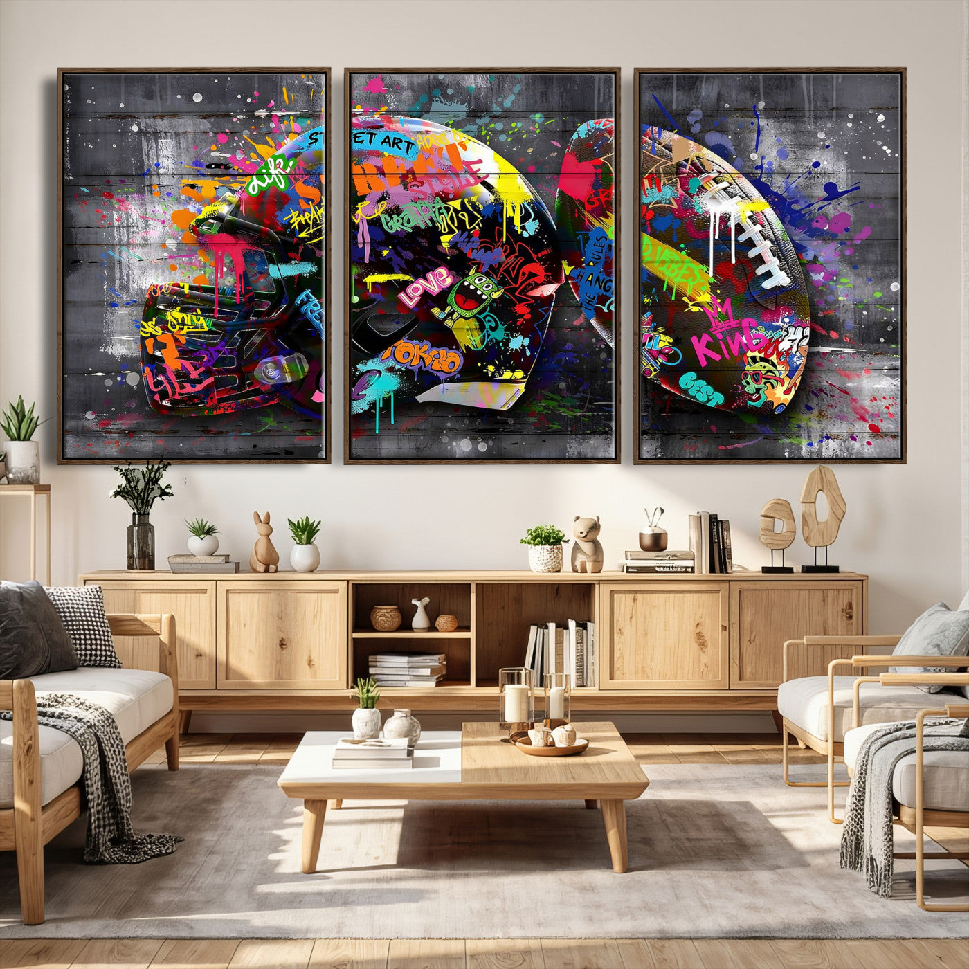 80540773-MGV-CV-36X24 - Graffiti American Football Helmet Street Art Wall Art Canvas Print, Urban Sports Pop Art Football Canvas Print, Colorful Graffiti Sports Contemporary Art Printing