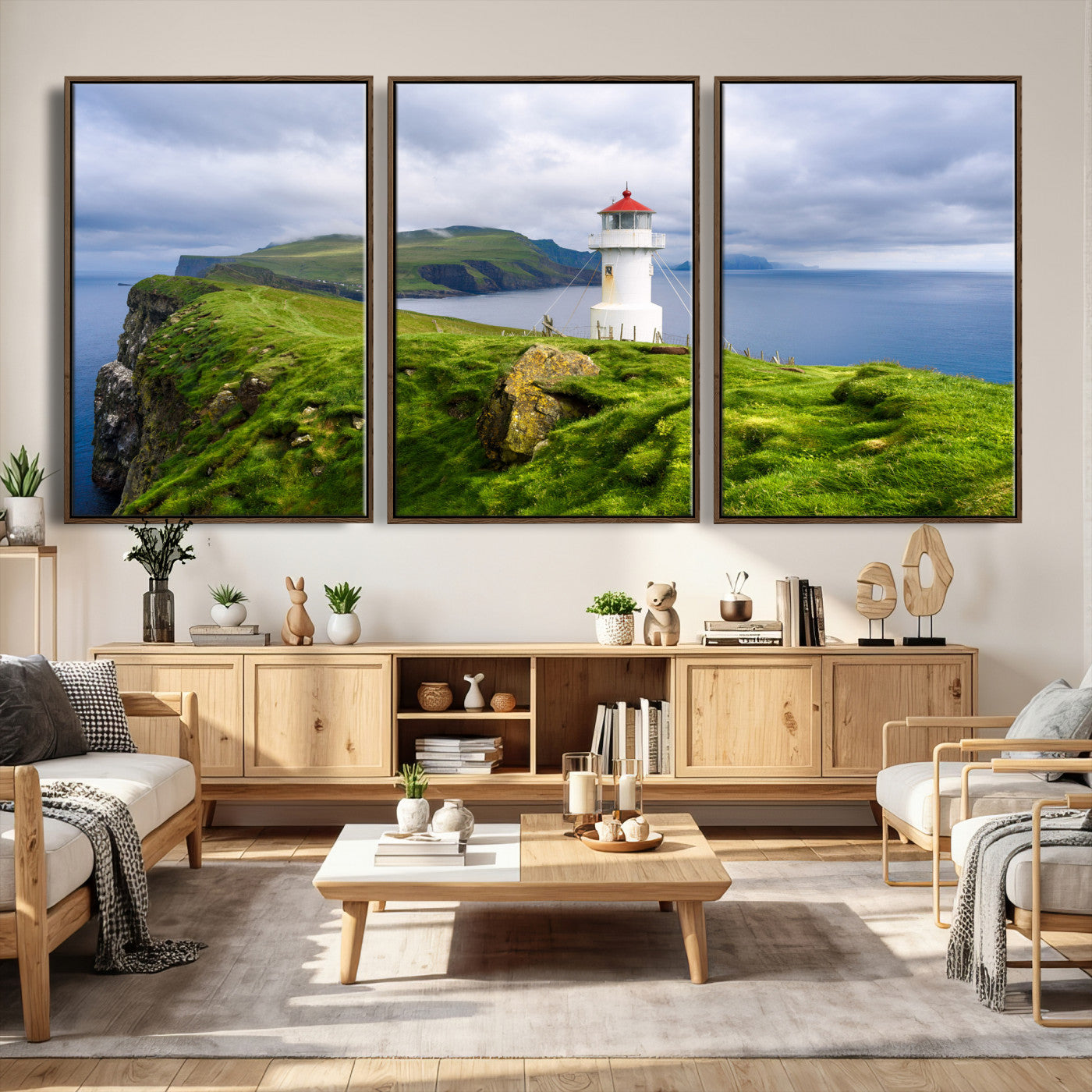 10680390-MGV-CV-36X24 - Coastal Lighthouse Wall Art Canvas Print, Cliffside Ocean Landscape Canvas Print, Scandinavian Coastal Decor for Living Room