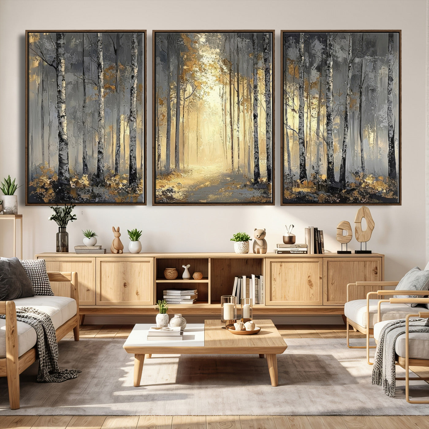 41017042-MGV-CV-36X24 - Abstract Birch Forest Wall Art Canvas Print – Modern Neutral Woodland Landscape Artwork for Living Room Decor