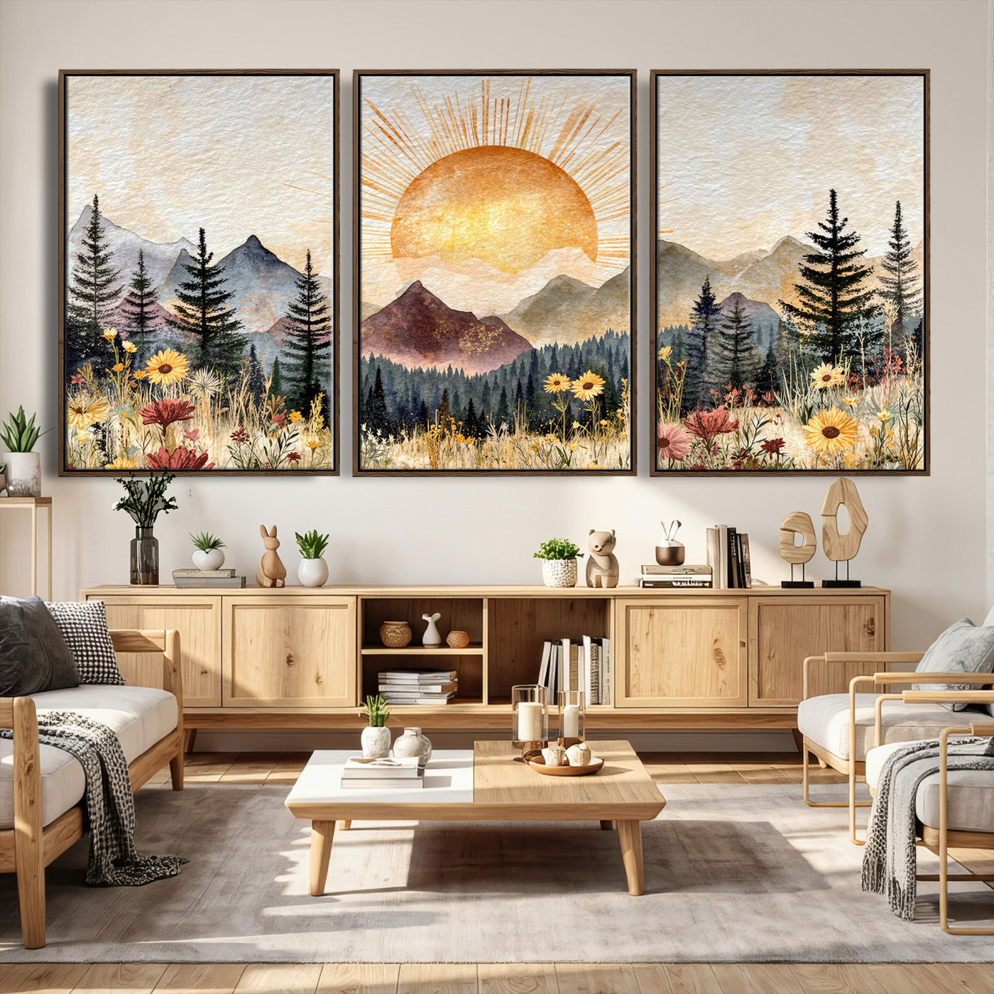 69025244-MGV-CV-36X24 - Boho Mountain Landscape Large Wall Art, Horizontal Gold Framed Canvas Print with Sun and Flowers