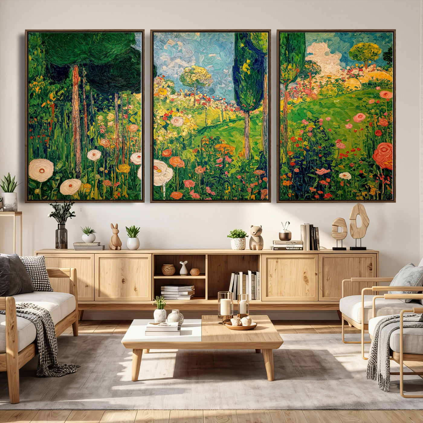 83517974-MGV-CV-36X24 - Gustav Klimt Boho Mountain Landscape Large Wall Art, Horizontal Gold Framed Canvas Print with Sun and Flowers