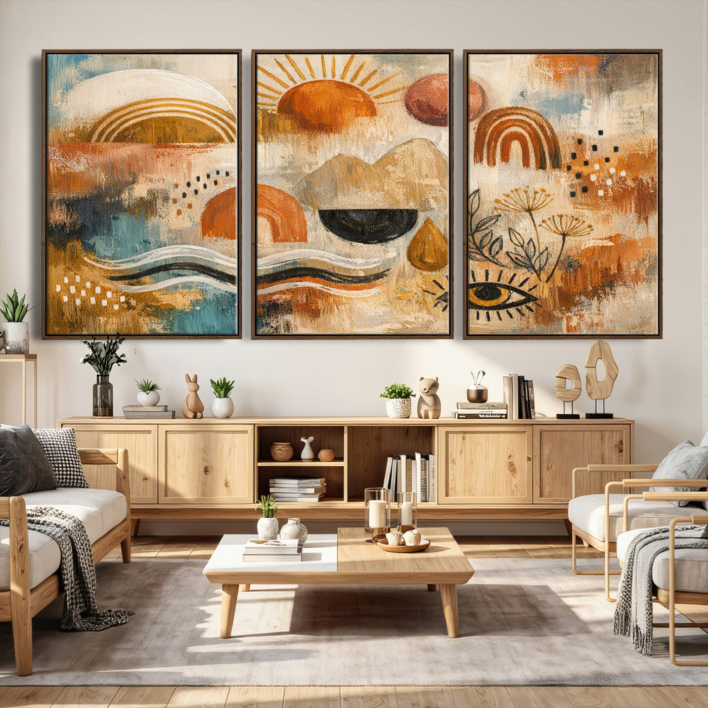 52155239-MGV-CV-36X24 - Geometric Boho Abstract Wall Art Canvas Print, Orange Blue Abstract Expressionist Painting Print, Modern Geometric Abstract Canvas Art