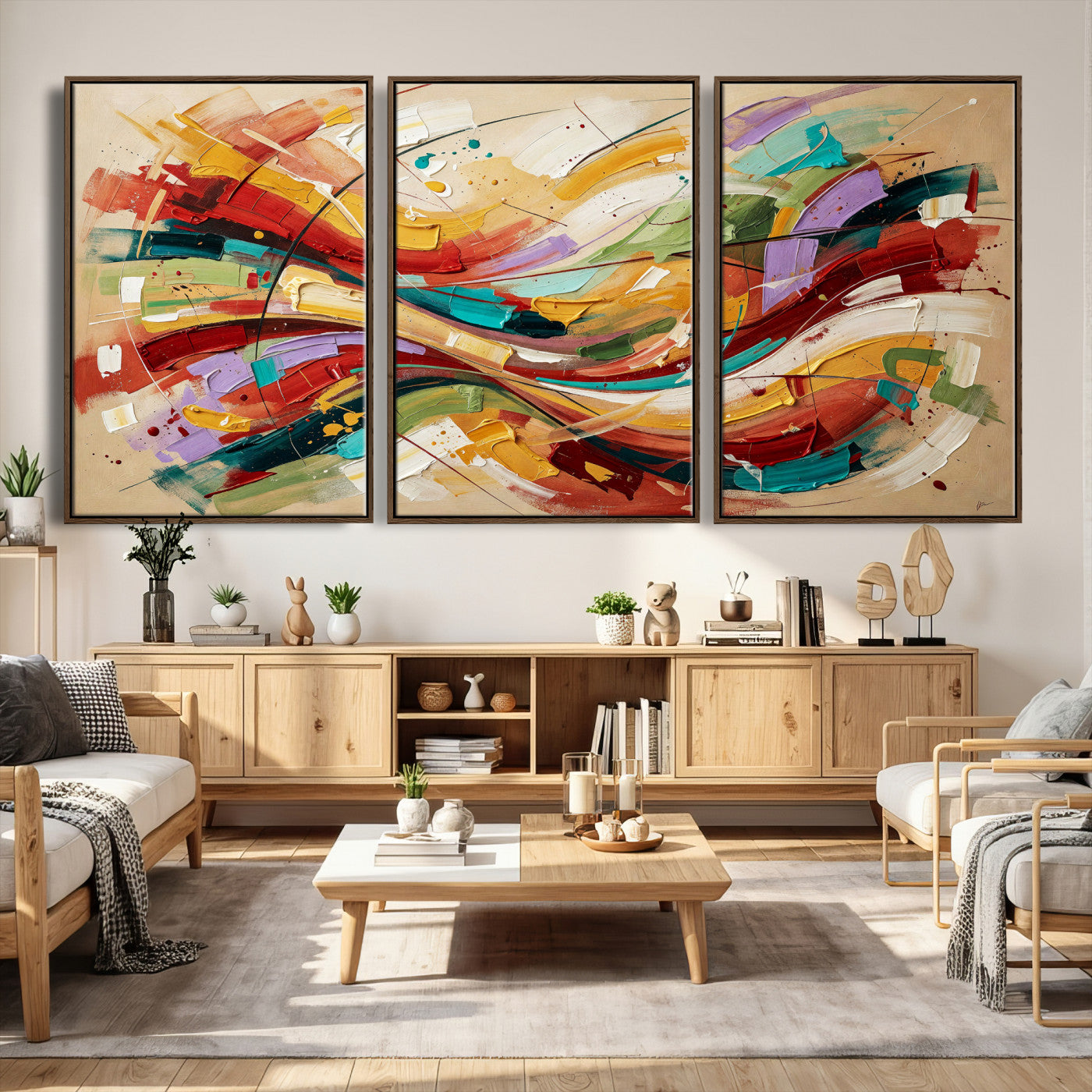 39887645-MGV-CV-36X24 - Geometric Abstract Wall Art Canvas Print, Orange Blue Abstract Expressionist Painting Print, Modern Geometric Abstract Canvas Art