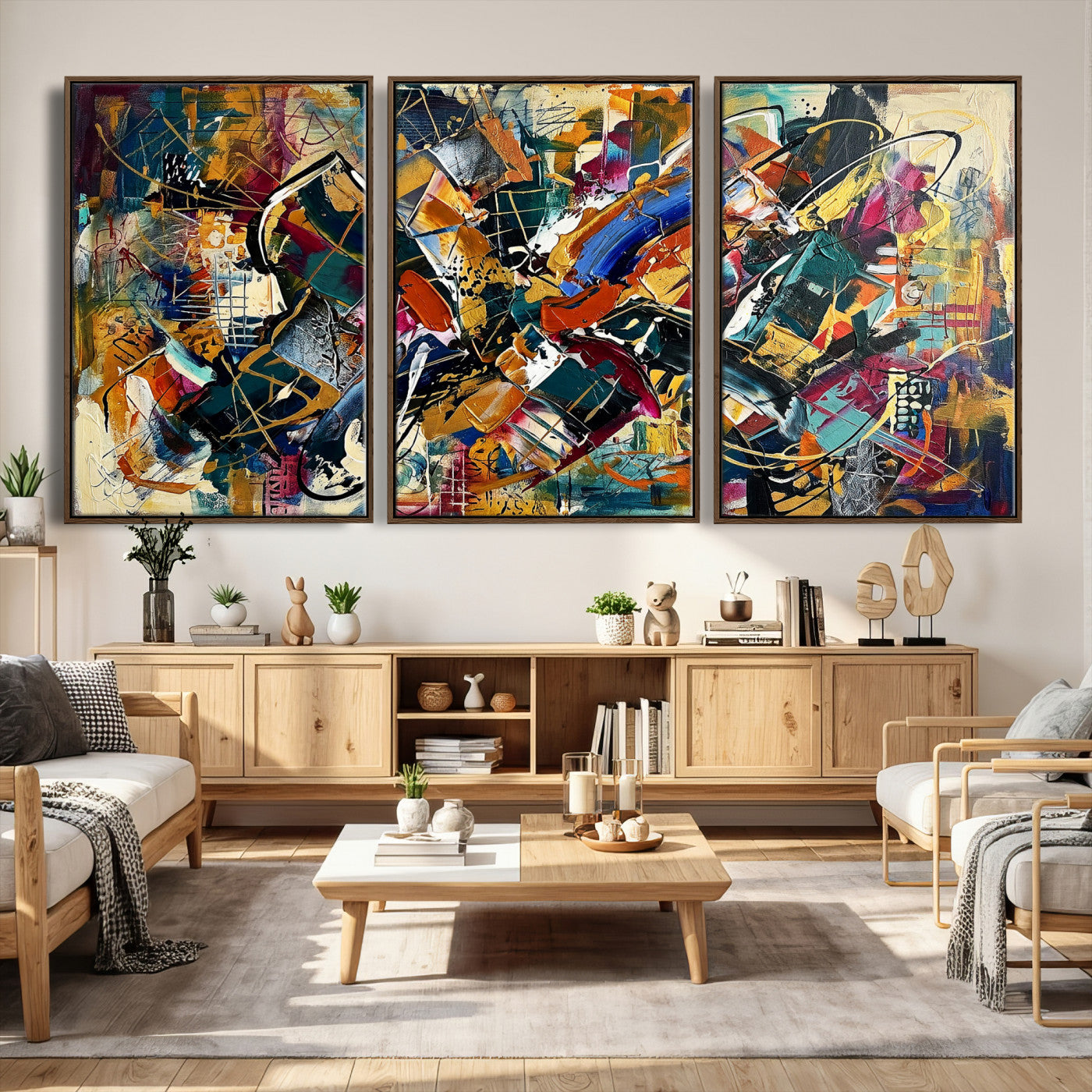 15525527-MGV-CV-36X24 - Geometric Abstract Wall Art Canvas Print, Orange Blue Abstract Expressionist Painting Print, Modern Geometric Abstract Canvas Art