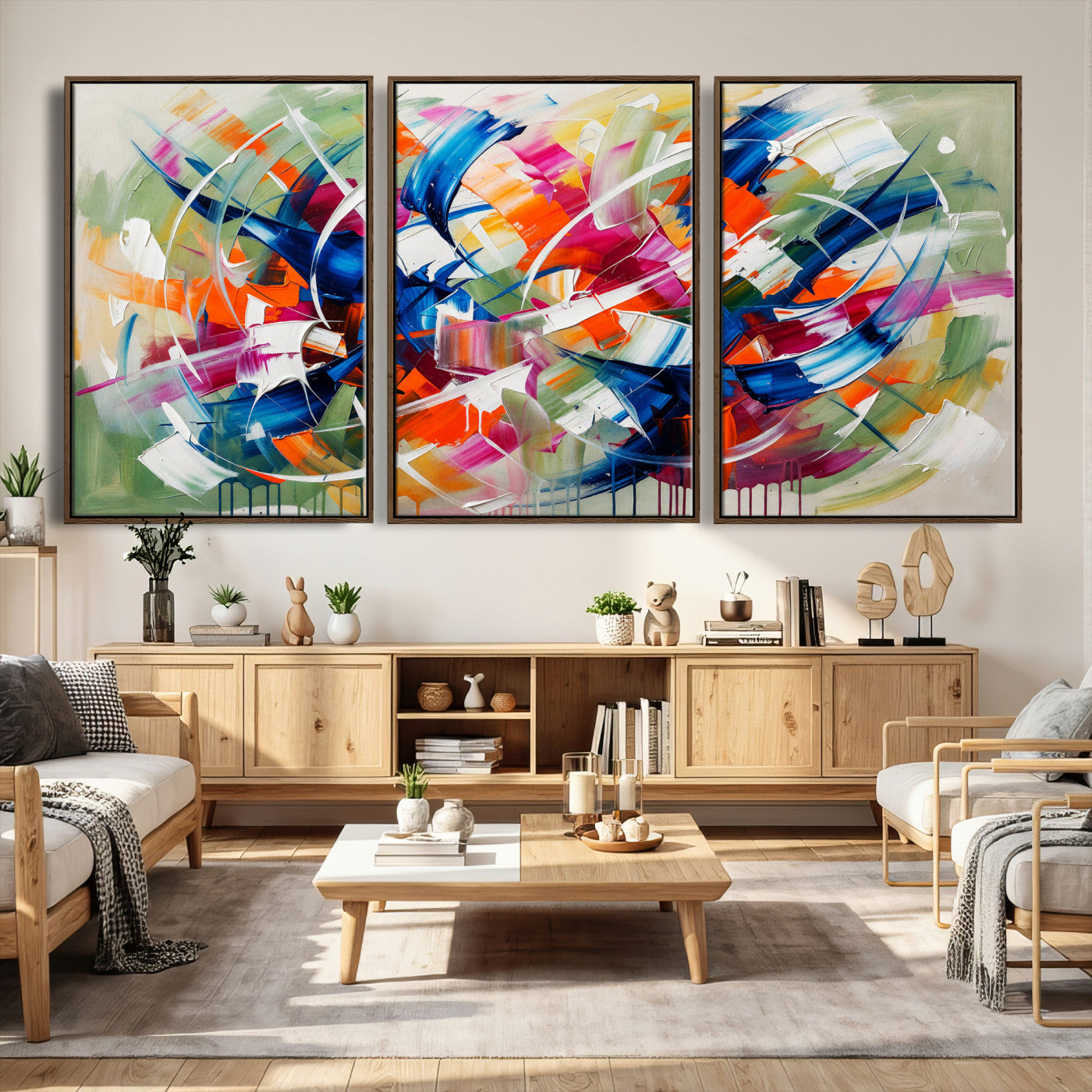 15032888-MGV-CV-36X24 - Geometric Abstract Wall Art Canvas Print, Orange Blue Abstract Expressionist Painting Print, Modern Geometric Abstract Canvas Art