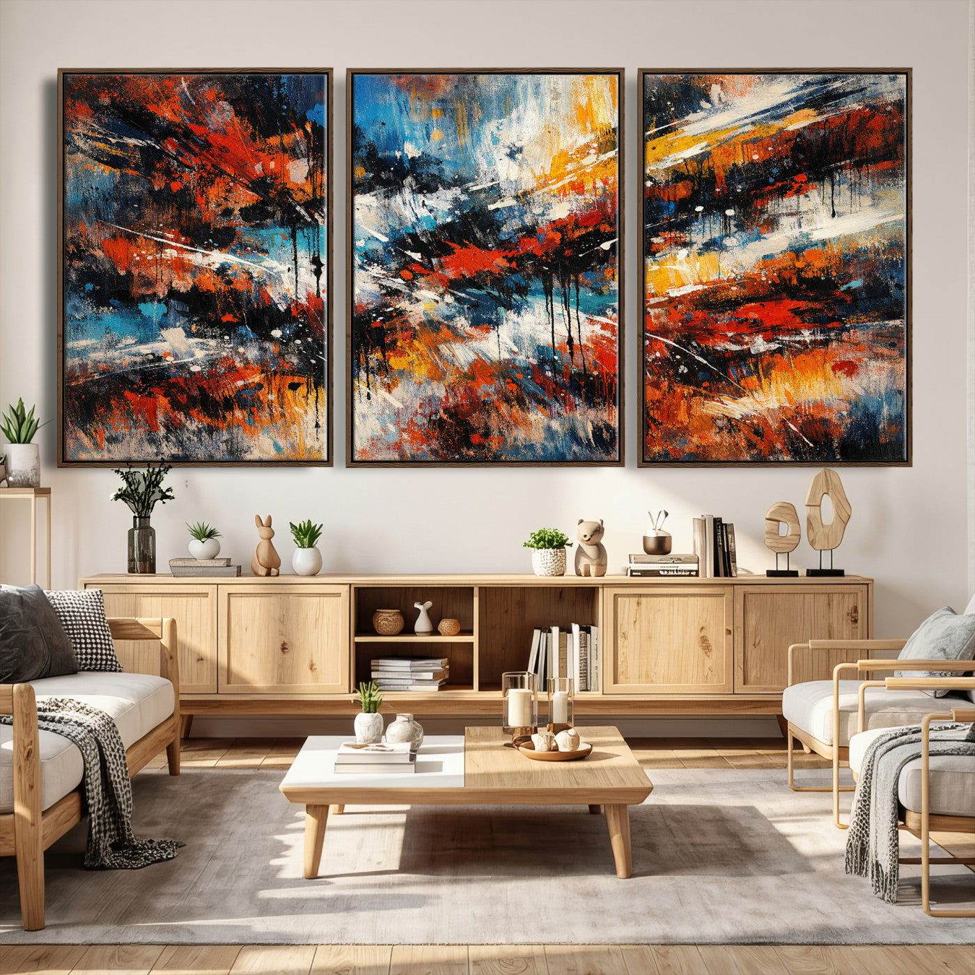 80276069-MGV-CV-36X24 - Geometric Abstract Wall Art Canvas Print, Orange Blue Abstract Expressionist Painting Print, Modern Geometric Abstract Canvas Art