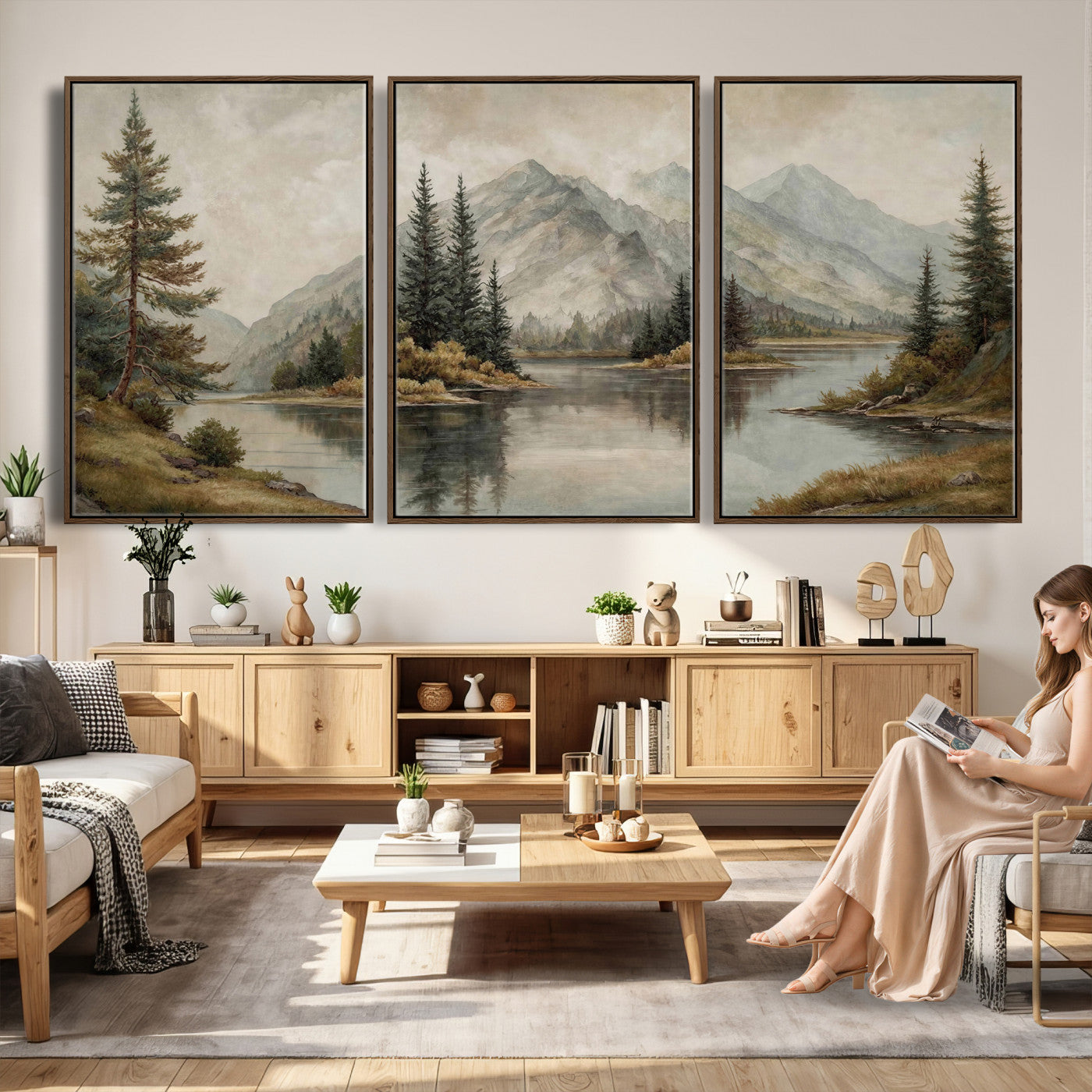 4712069V1-MGV-CV-60X30-3P - Vintage Mountain Landscape Wall Art Canvas Print Set, Rustic Nature Triptych Canvas, Neutral Lake Forest Mountain Wall Decor