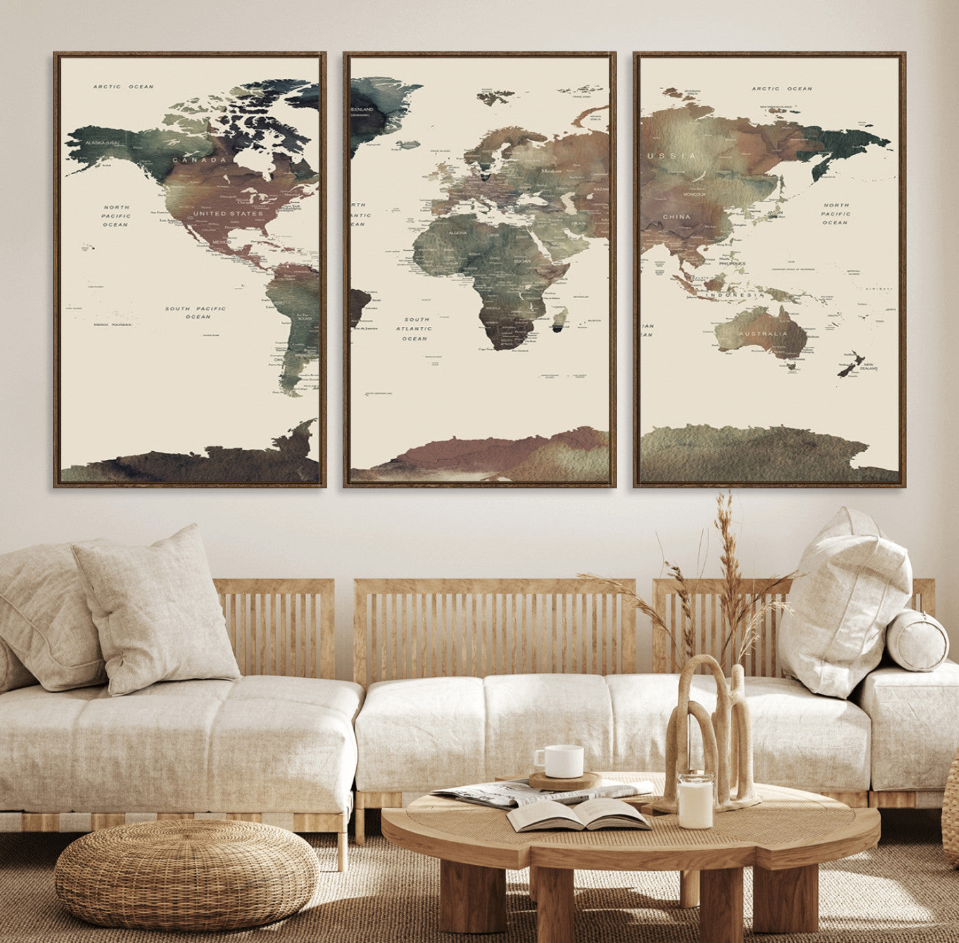 23199-MGV-FC-60X30-3P_Walnut-Neutral Watercolor World Map Canvas Wall Art – Framed Earth Tone Map Print, Minimalist Travel Artwork for Modern Home and Office Decor
