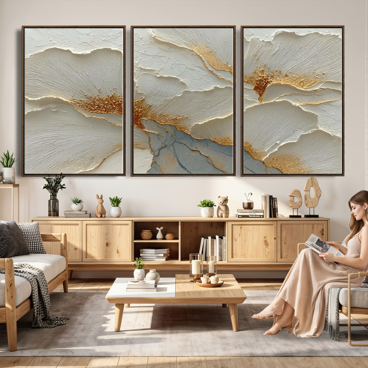 4712069F1-MGV-CV-36X24 - White Gold Floral Canvas Wall Art — Textured Flower Print | Luxury Botanical Decor | Elegant Bedroom Art | Gold Leaf Wall Art Gift