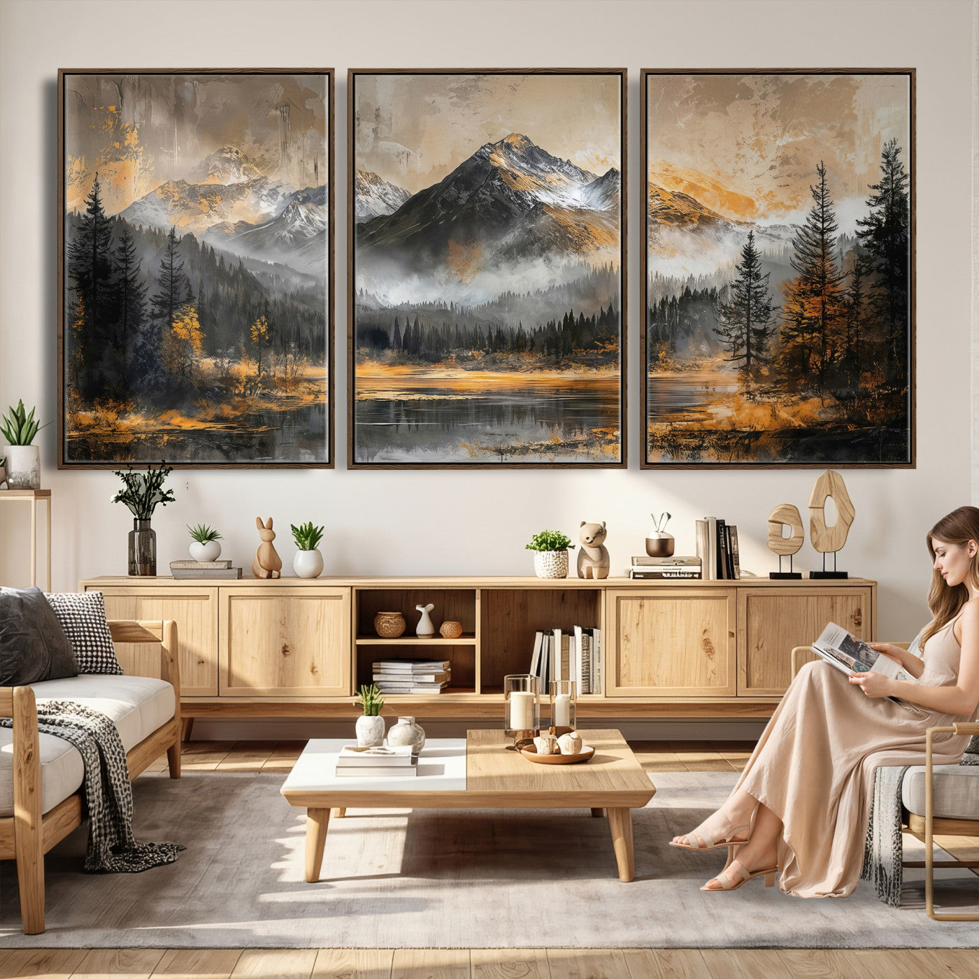 4712069D1-MGV-CV-36X24 - Mountain Lake Canvas Wall Art — Rustic Forest Landscape Print | Gold Grey Nature Decor | Cabin Wall Art | Large Wilderness Art Print Gift