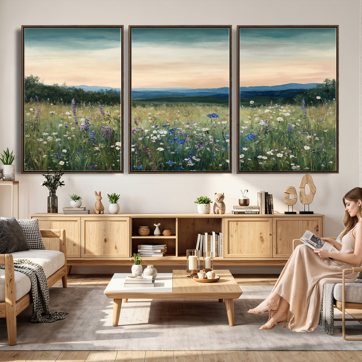 35773805-MGV-CV-36X24 - Wildflower Meadow Oil Painting Canvas — Daisy Lavender Mountain Sunset Print | Cottagecore Floral Wall Art | Bedroom Decor Gift for Her